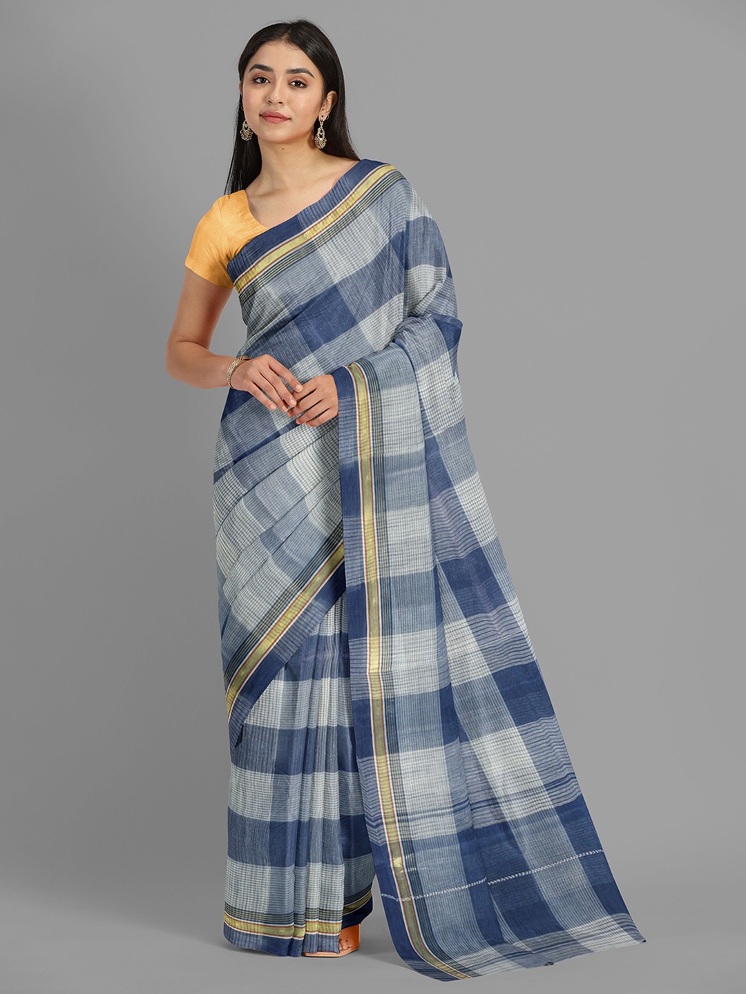 

The Chennai Silks Checked Zari Pure Cotton Taant Saree, Blue