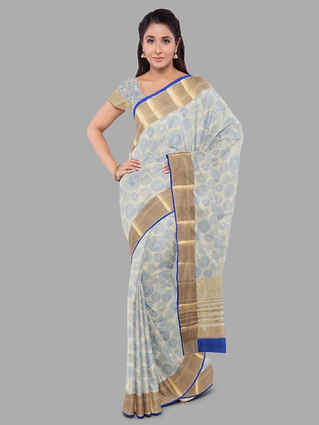 

The Chennai Silks Printed Zari Jute Cotton Saree, Off white