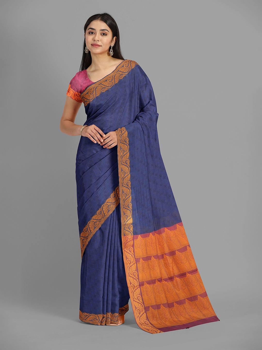 

The Chennai Silks Pure Cotton Kovai Saree, Navy blue