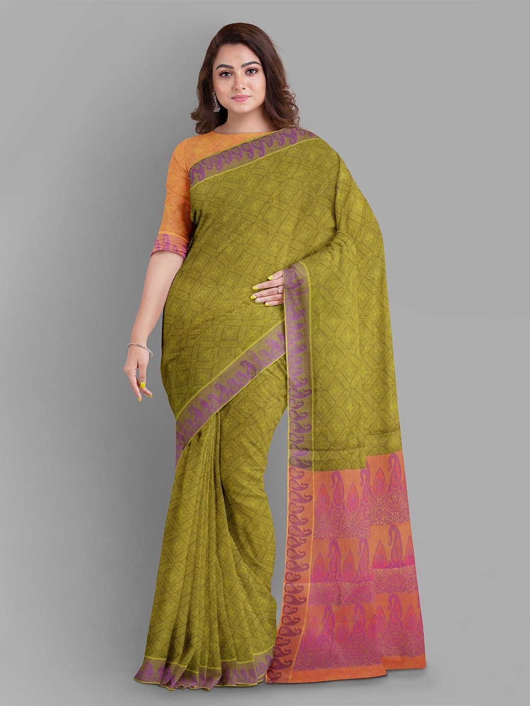 

The Chennai Silks Woven Design Pure Cotton Kovai Saree, Olive