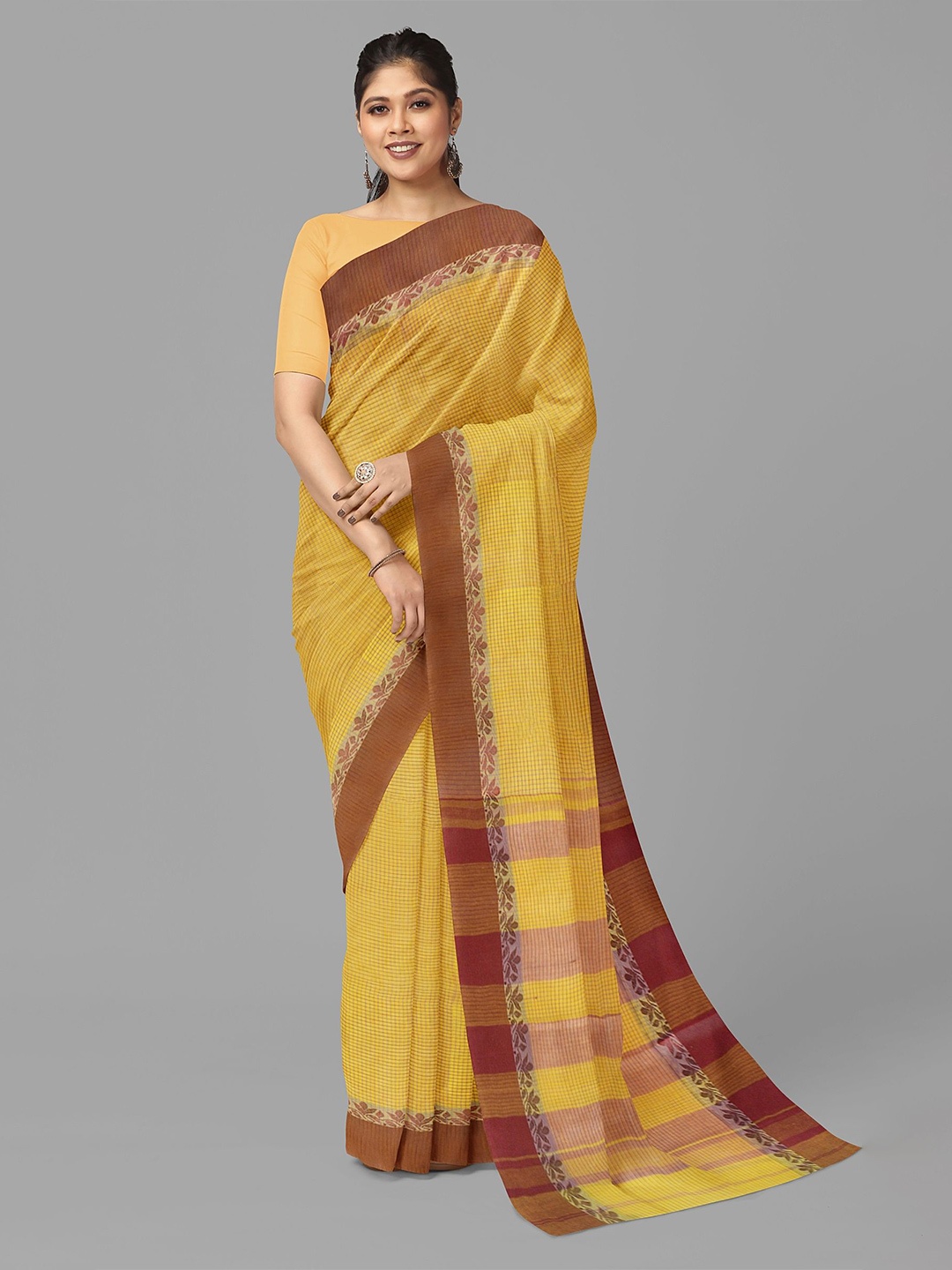 

The Chennai Silks Checked Pure Cotton Taant Saree, Mustard