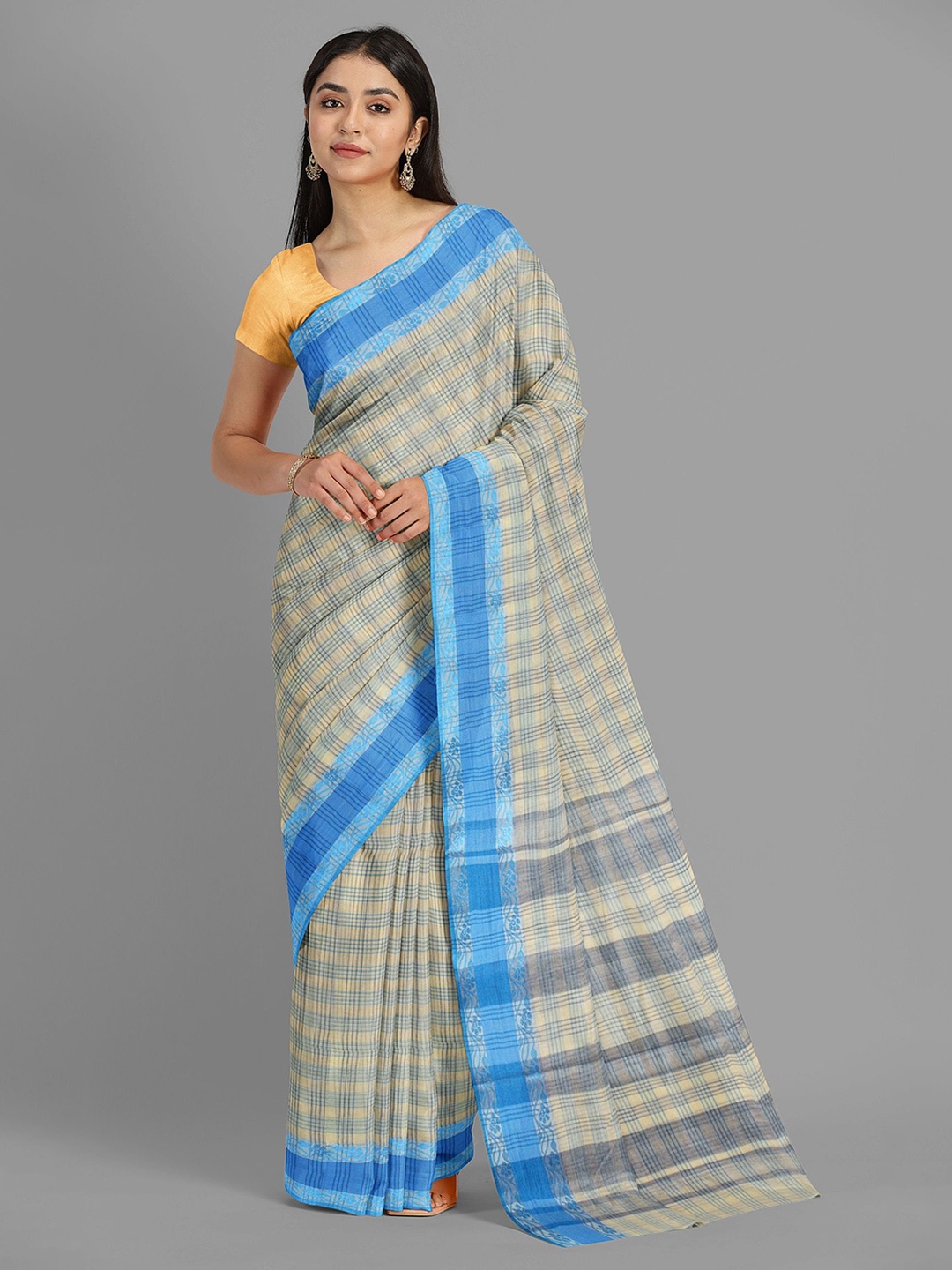 

The Chennai Silks Checked Pure Cotton Taant Saree, Cream
