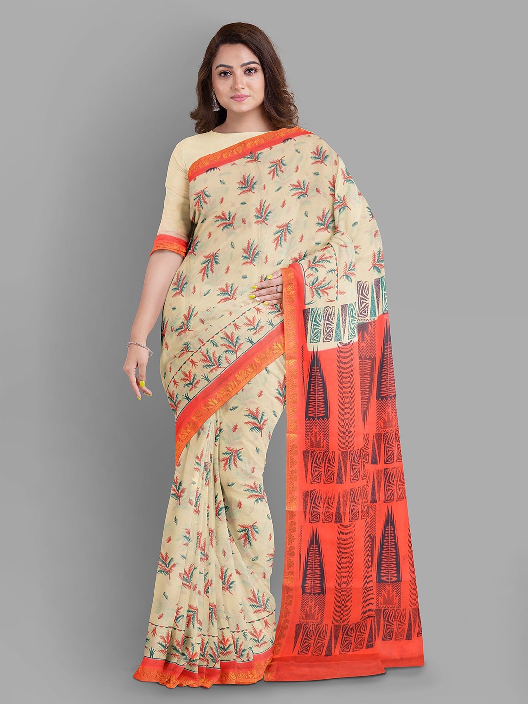 

The Chennai Silks Floral Printed Pure Cotton Sungudi Saree, Cream