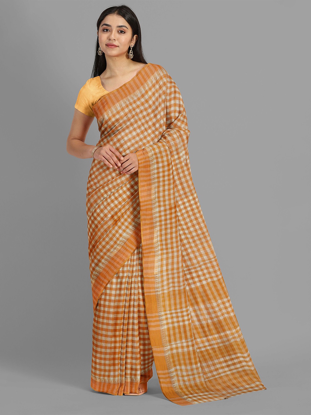 

The Chennai Silks Checked Pure Cotton Taant Saree, Mustard