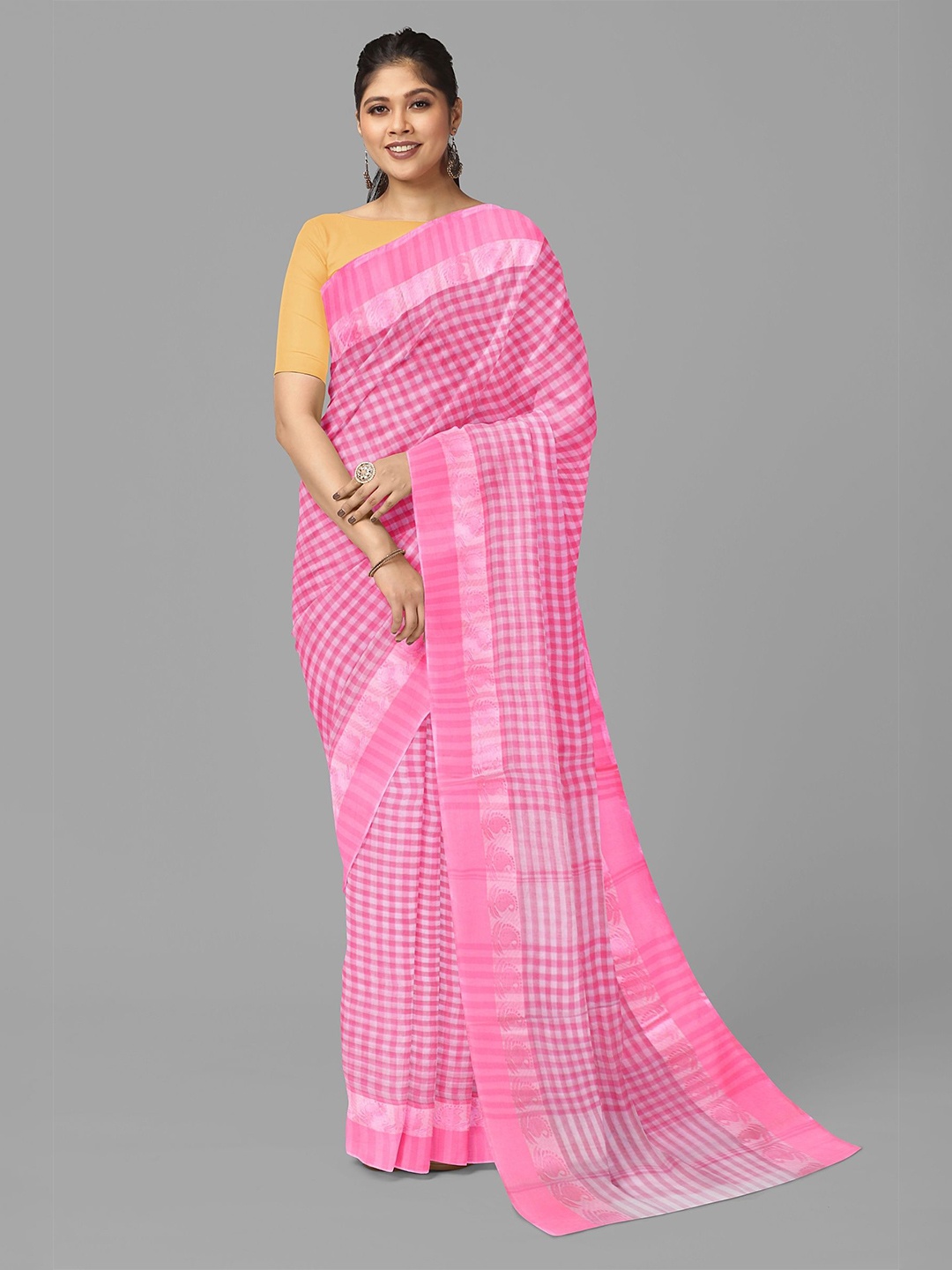 

The Chennai Silks Checked Pure Cotton Taant Saree, Pink