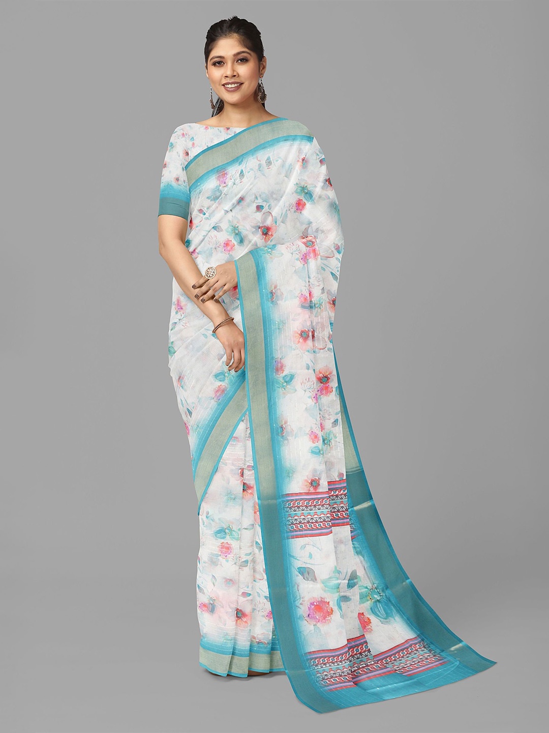 

The Chennai Silks Floral Printed Zari Banarasi Saree, Off white