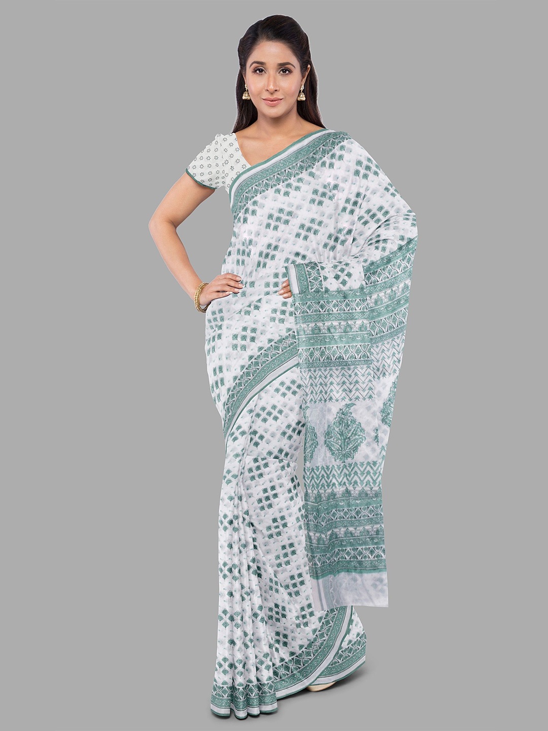 

The Chennai Silks Floral Printed Pure Cotton Kovai Saree, Off white