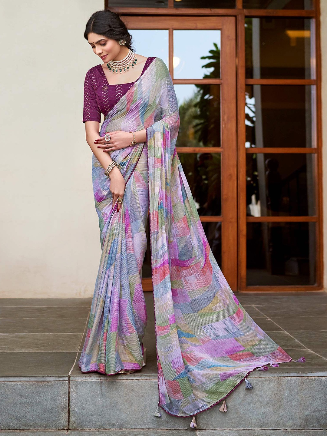 

Peachmode Embroidered Pure Chiffon Saree, Purple