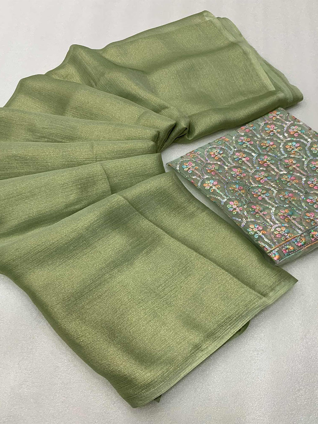 

Peachmode Sequinned Pure Chiffon Saree, Green