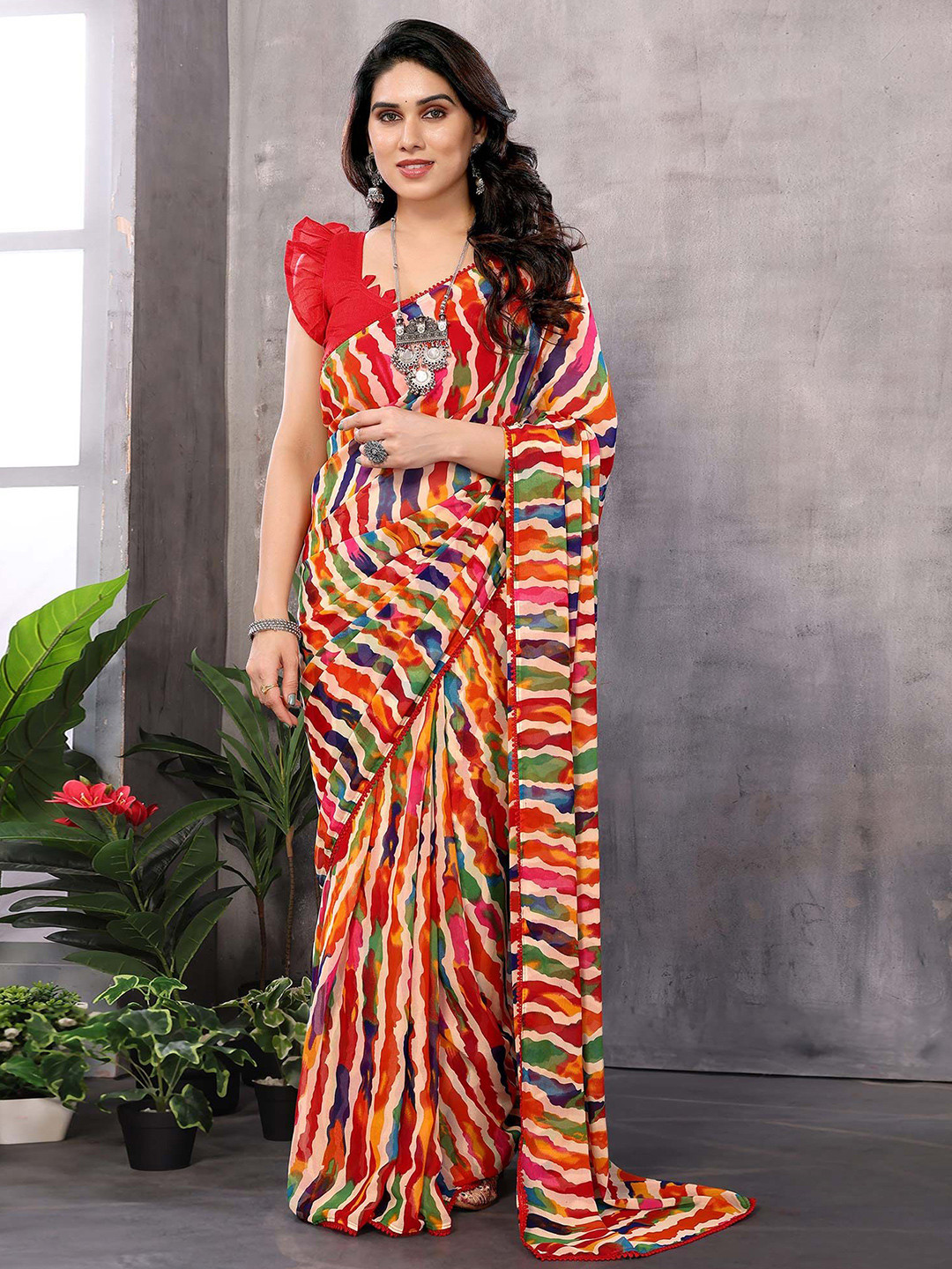 

Peachmode Striped Printed Pure Georgette Ready To Wear Saree, Red