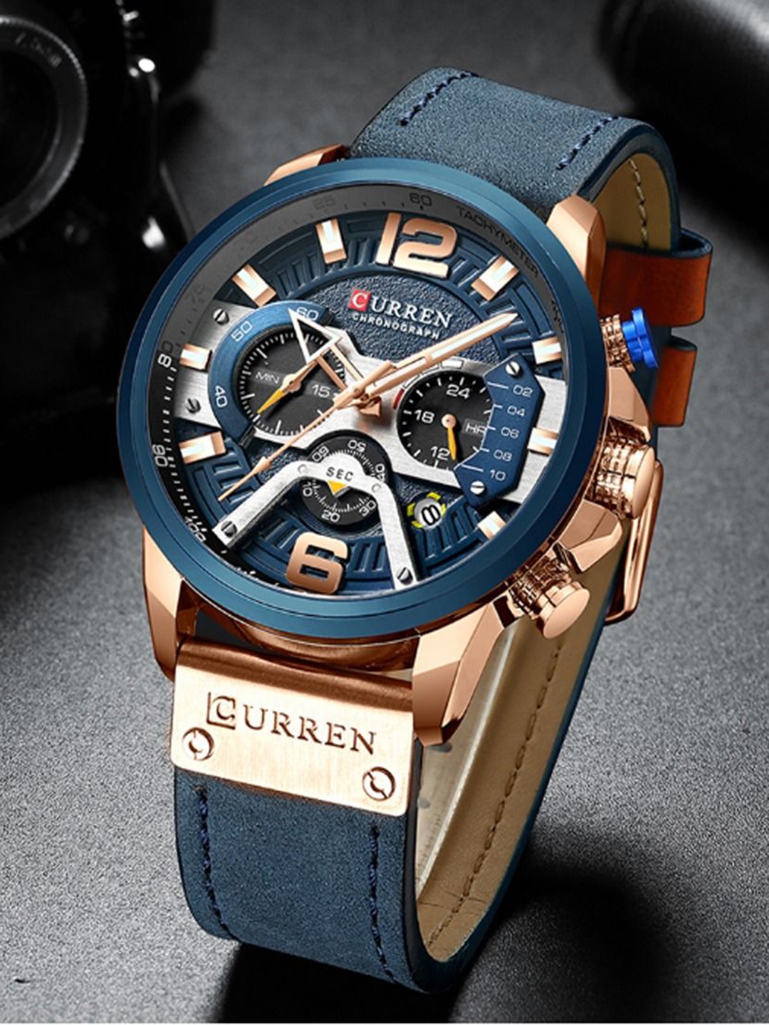 

Curren Men Brass Dial & LeatherStraps Chronograph Analogue Watch CR-8329, Rose gold