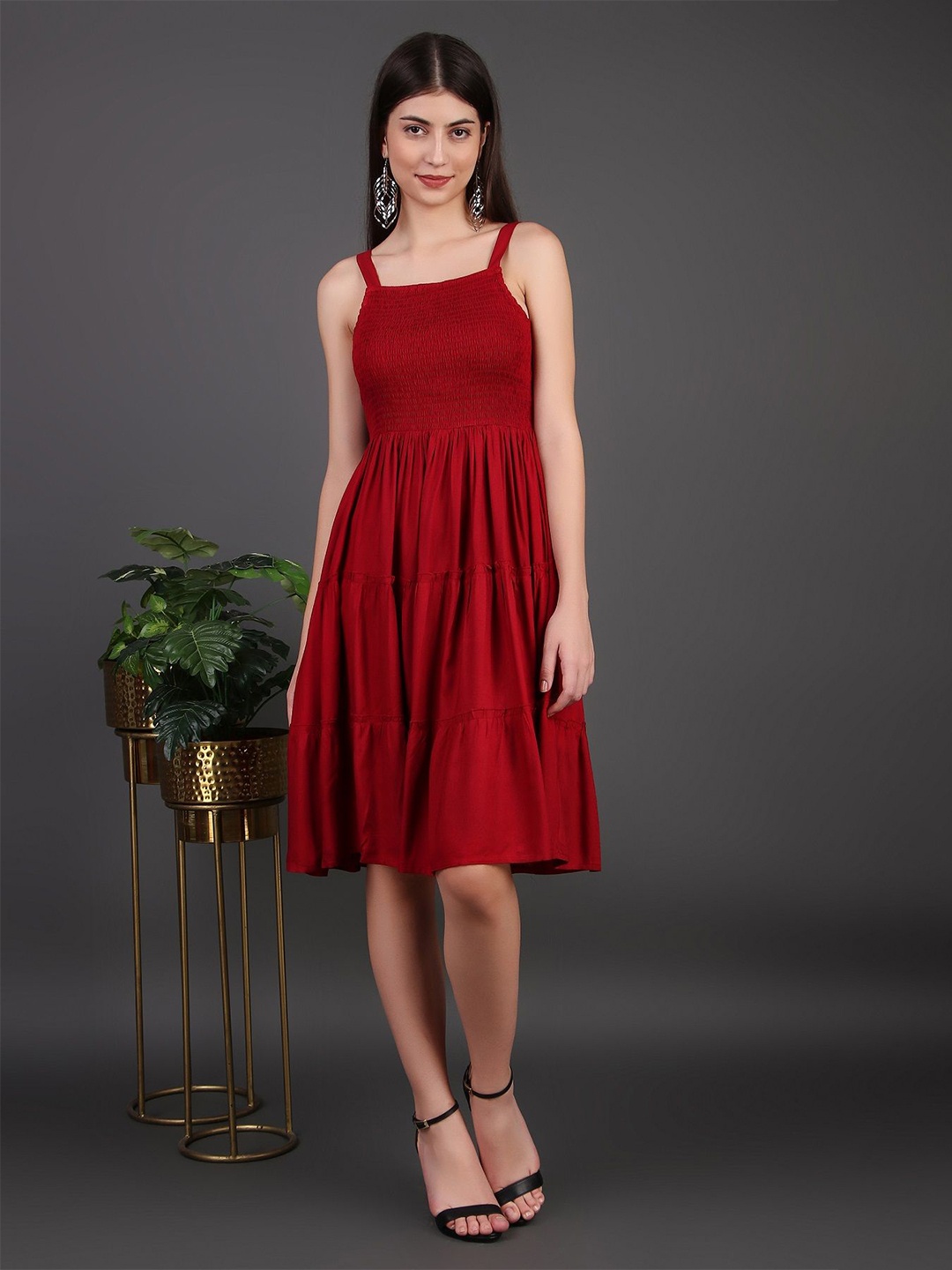 

NG FASHION Smocked Fit and Flare Dress, Maroon