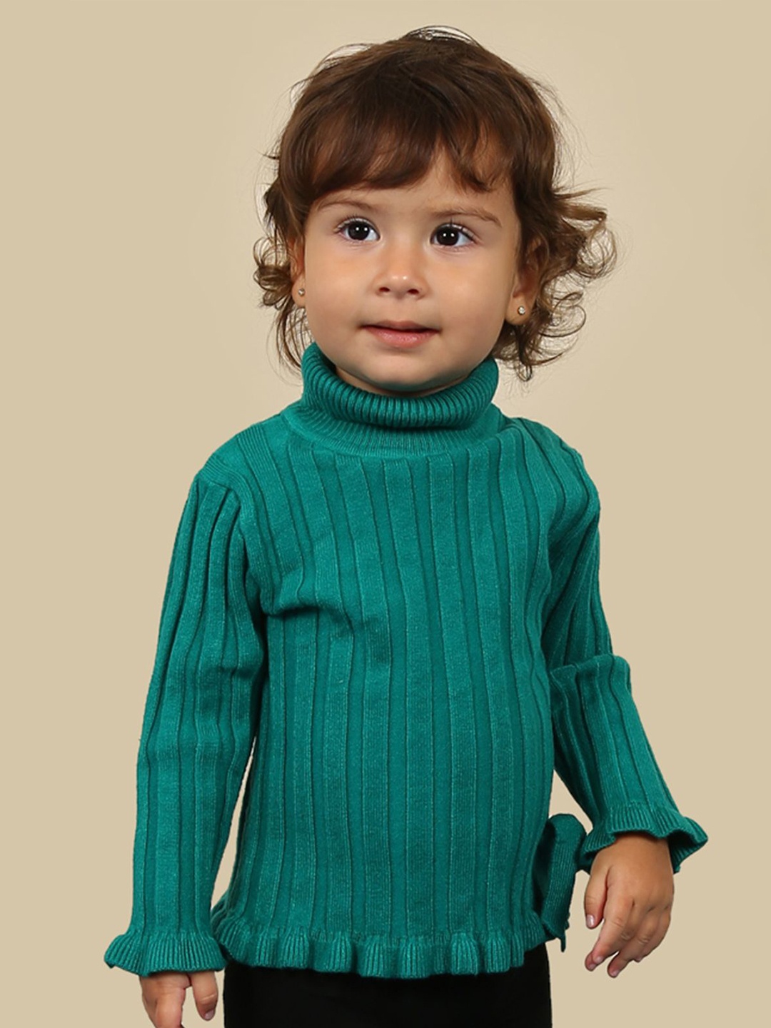 

One Friday Girls Striped Pullover Green Solid Jumper Sweater