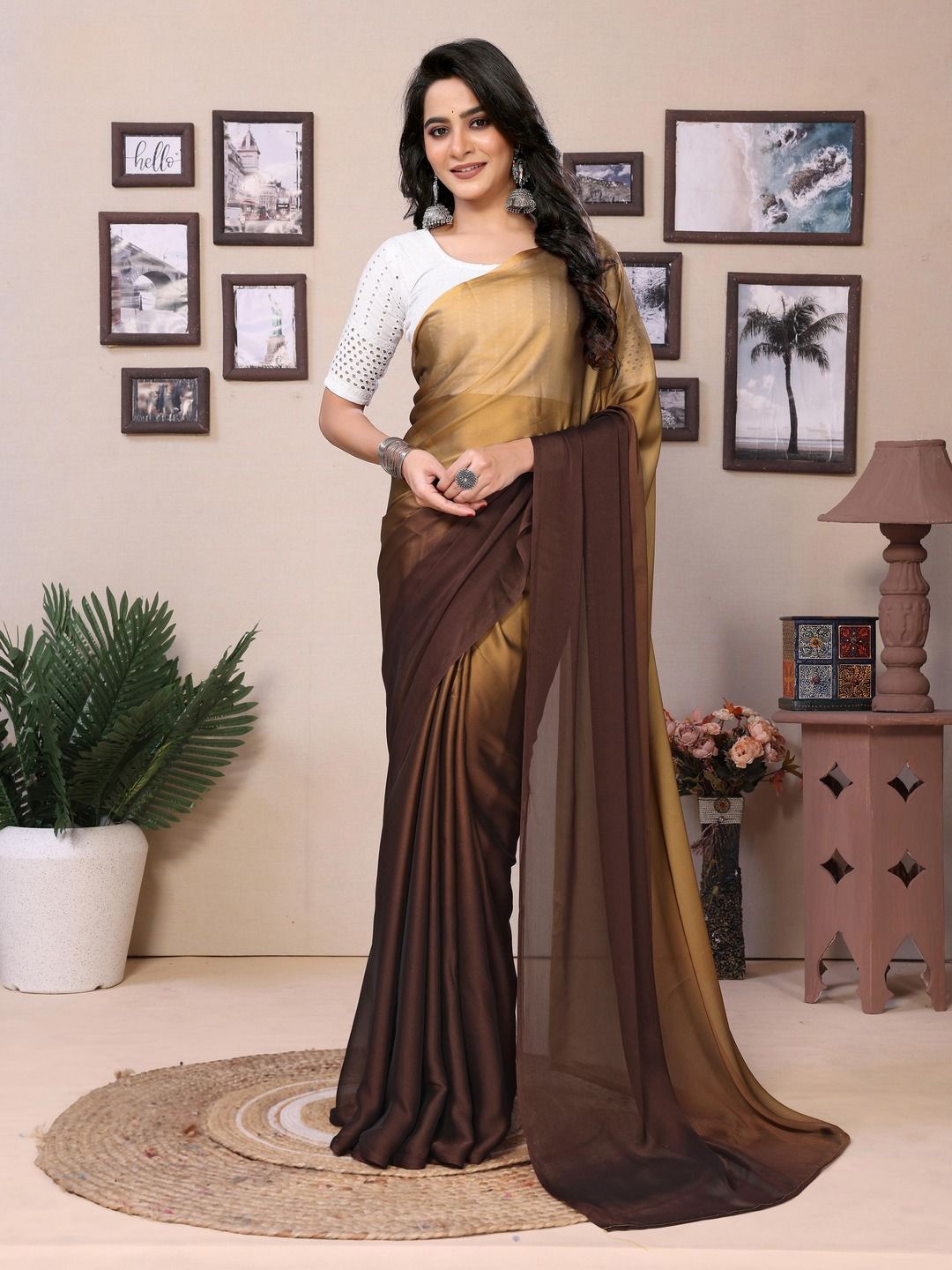 

Anouk Ombre Satin Ready to Wear Saree, Gold