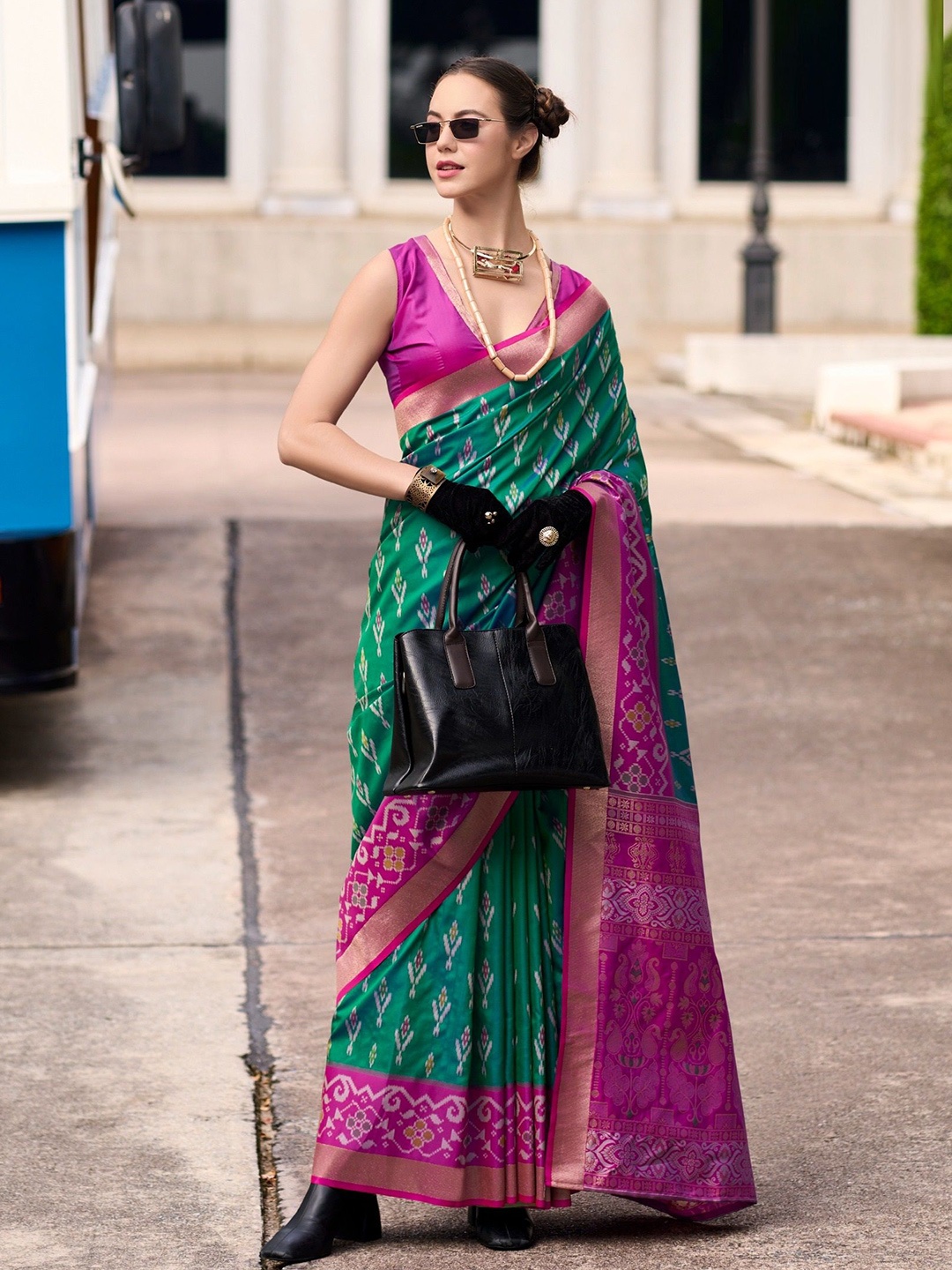 

MAHALASA Ethnic Motifs Zari Pure Silk Ikat Saree, Sea green