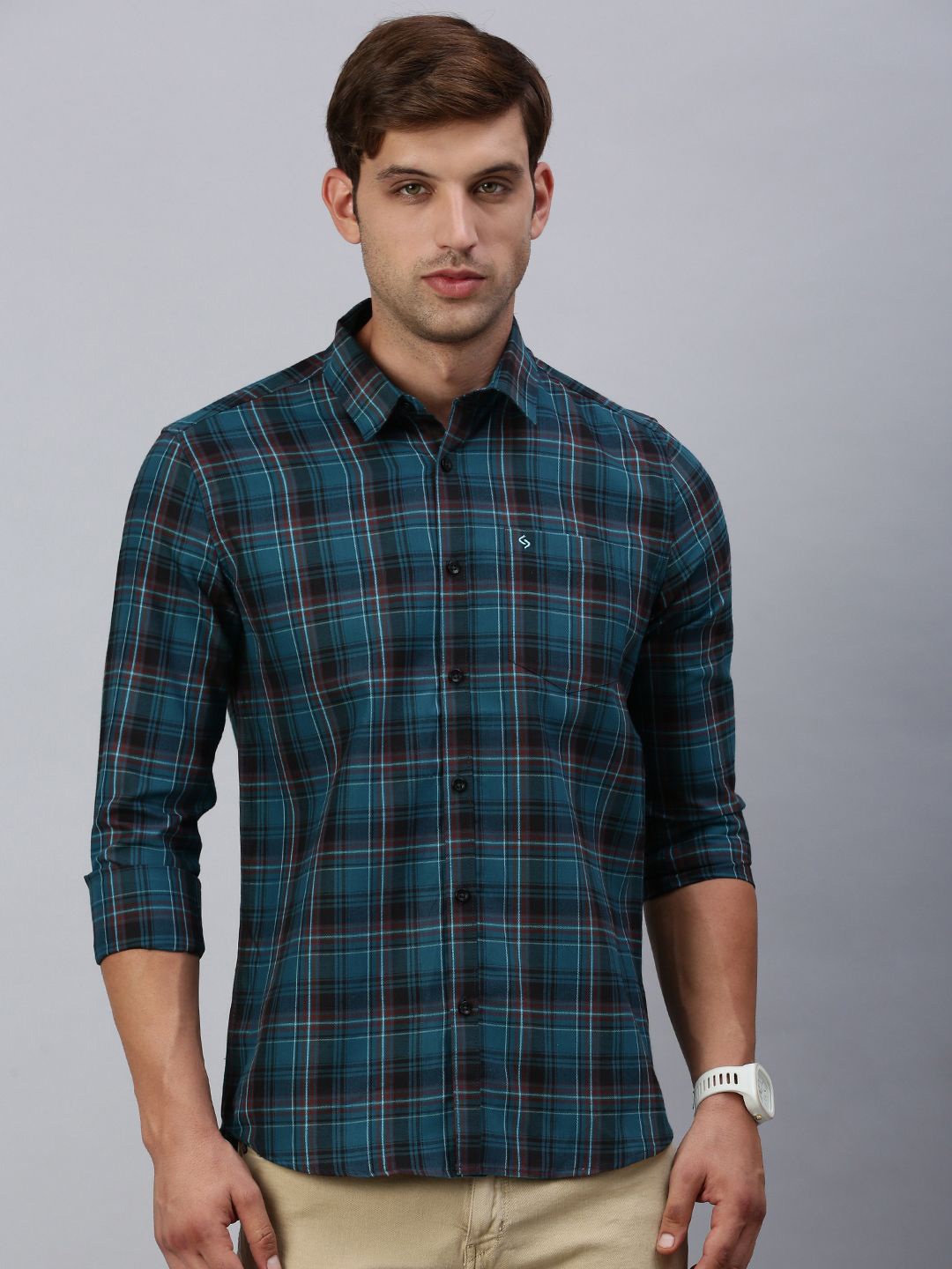 

Classic Polo Men India Slim Fit Spread Collar Tartan Checked Cotton Casual Shirt, Teal