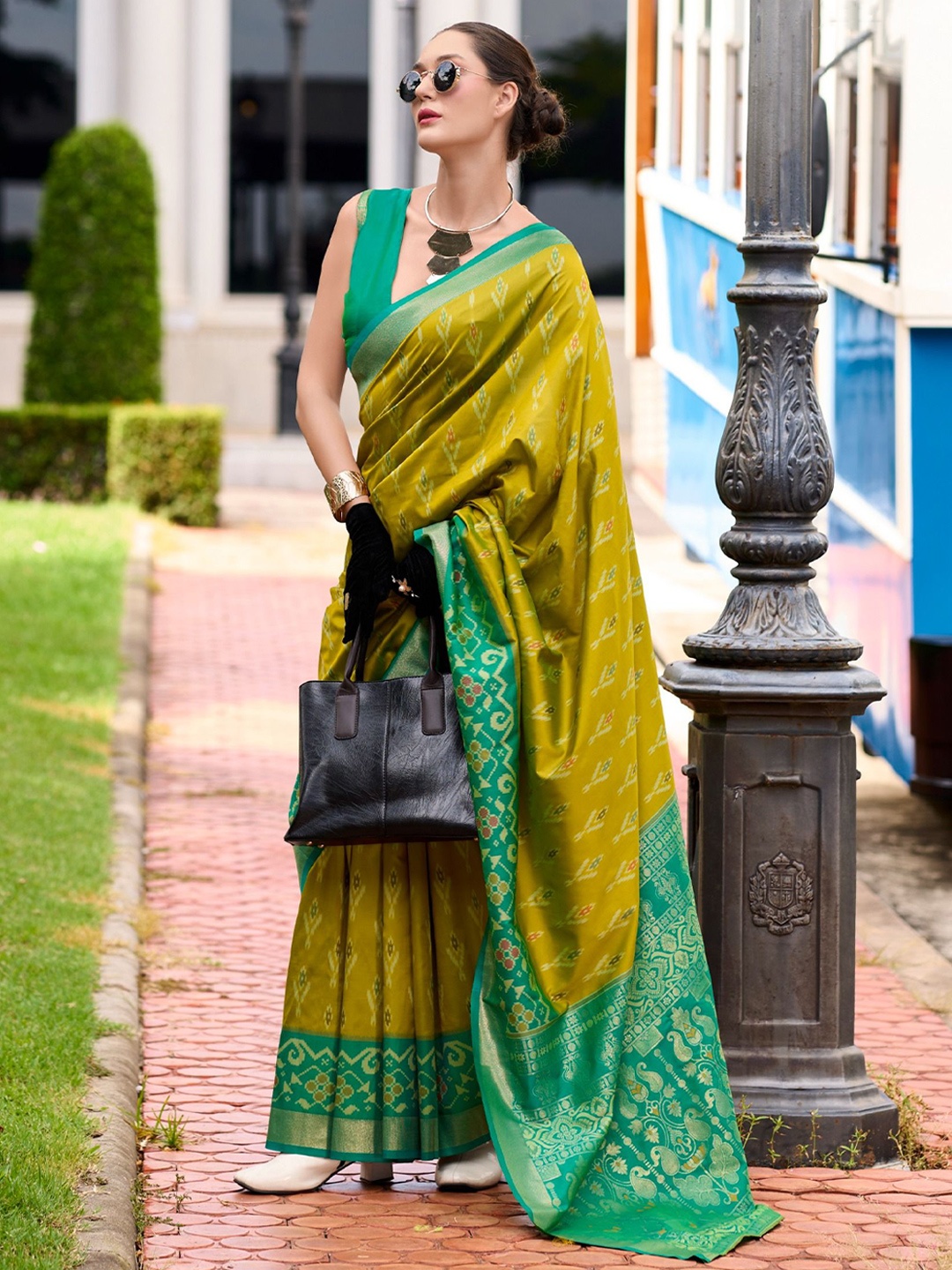 

MAHALASA Ethnic Motifs Zari Pure Silk Ikat Saree, Olive