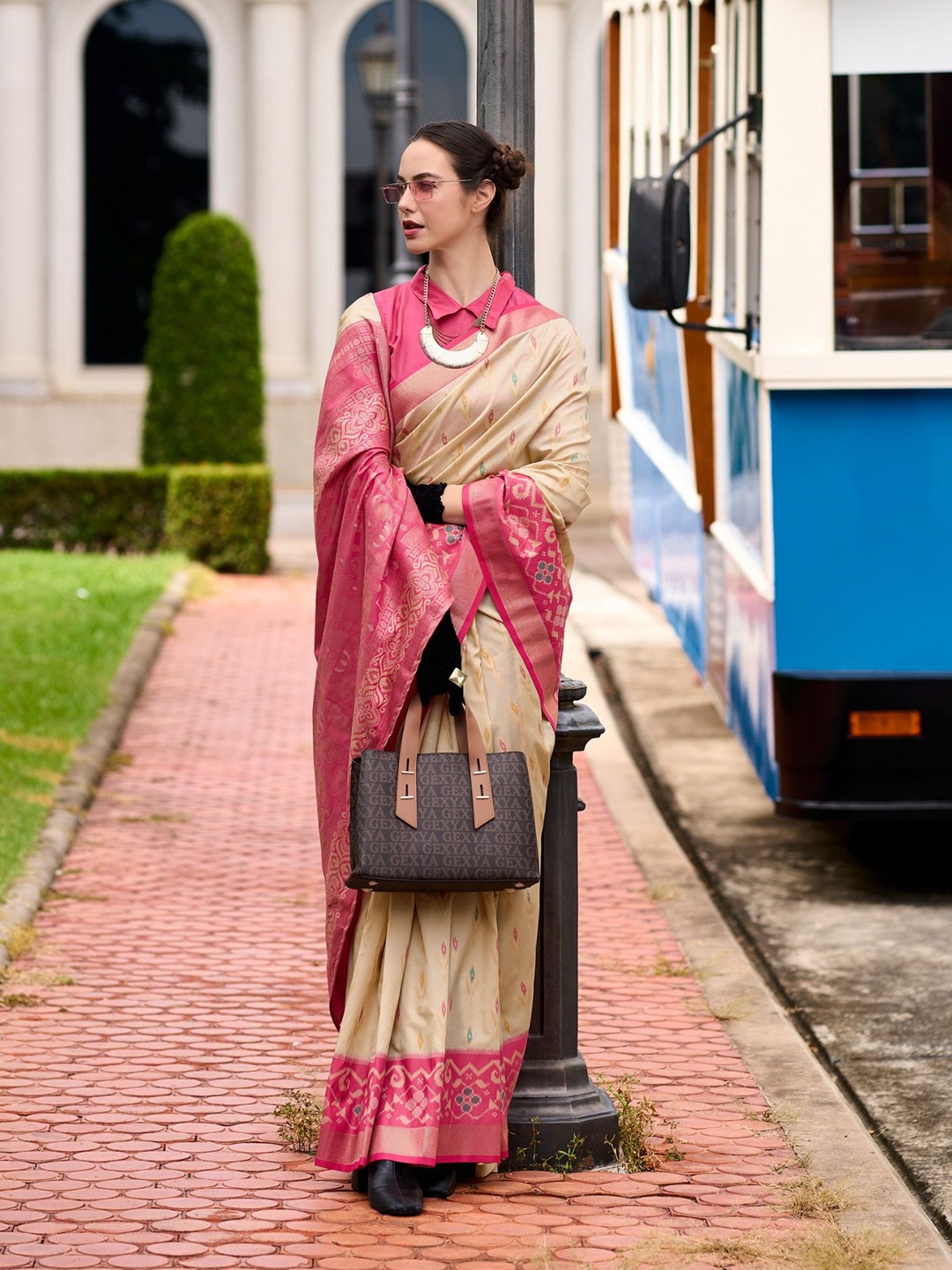 

MAHALASA Ethnic Motifs Woven Design Zari Pure Silk Ikat Saree, Beige