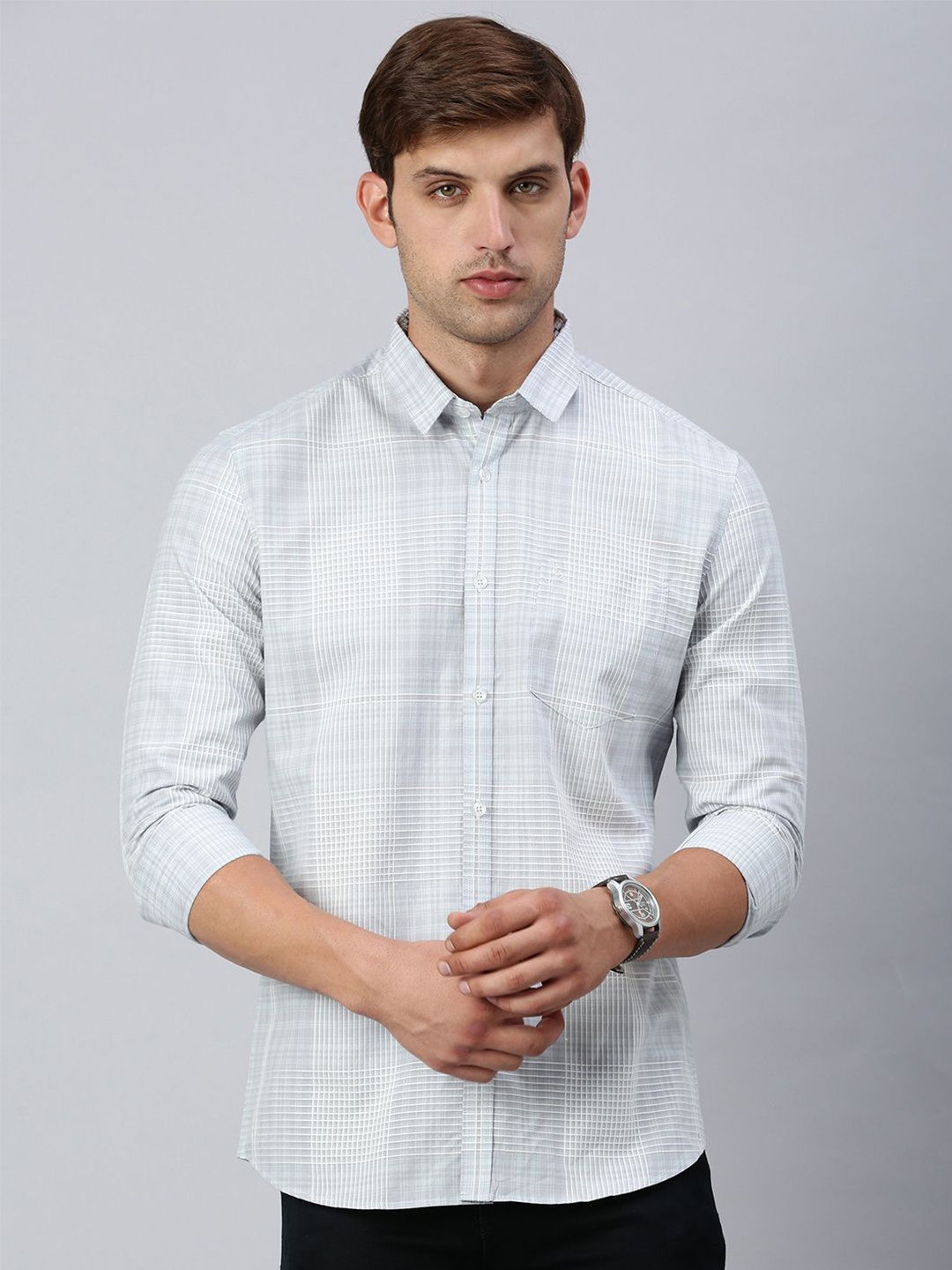 

Classic Polo Men India Slim Fit Spread Collar Tartan Checked Cotton Casual Shirt, Grey