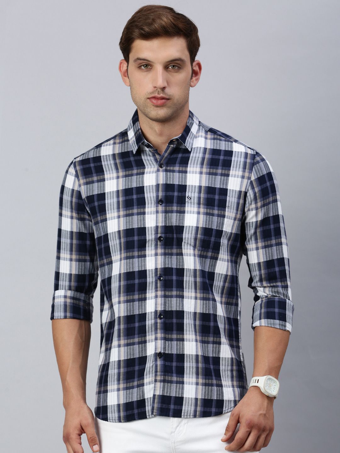 

Classic Polo Men India Slim Fit Spread Collar Tartan Checked Cotton Casual Shirt, Navy blue