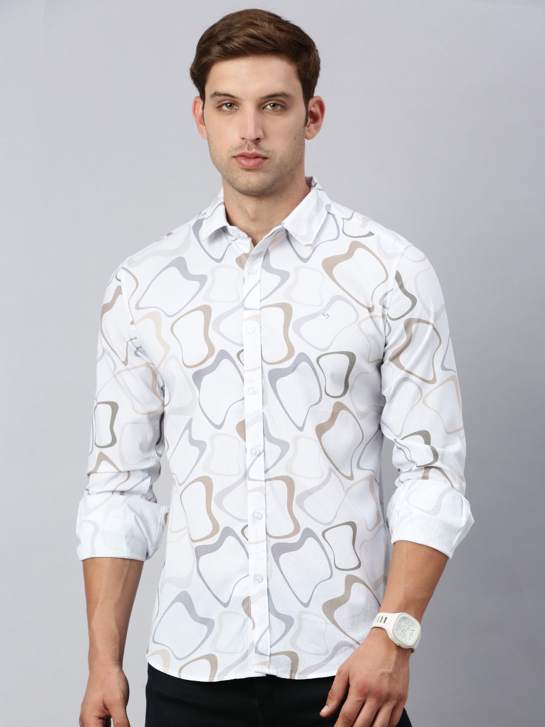 

Classic Polo Men India Slim Fit Spread Collar Abstract Printed Cotton Casual Shirt, White