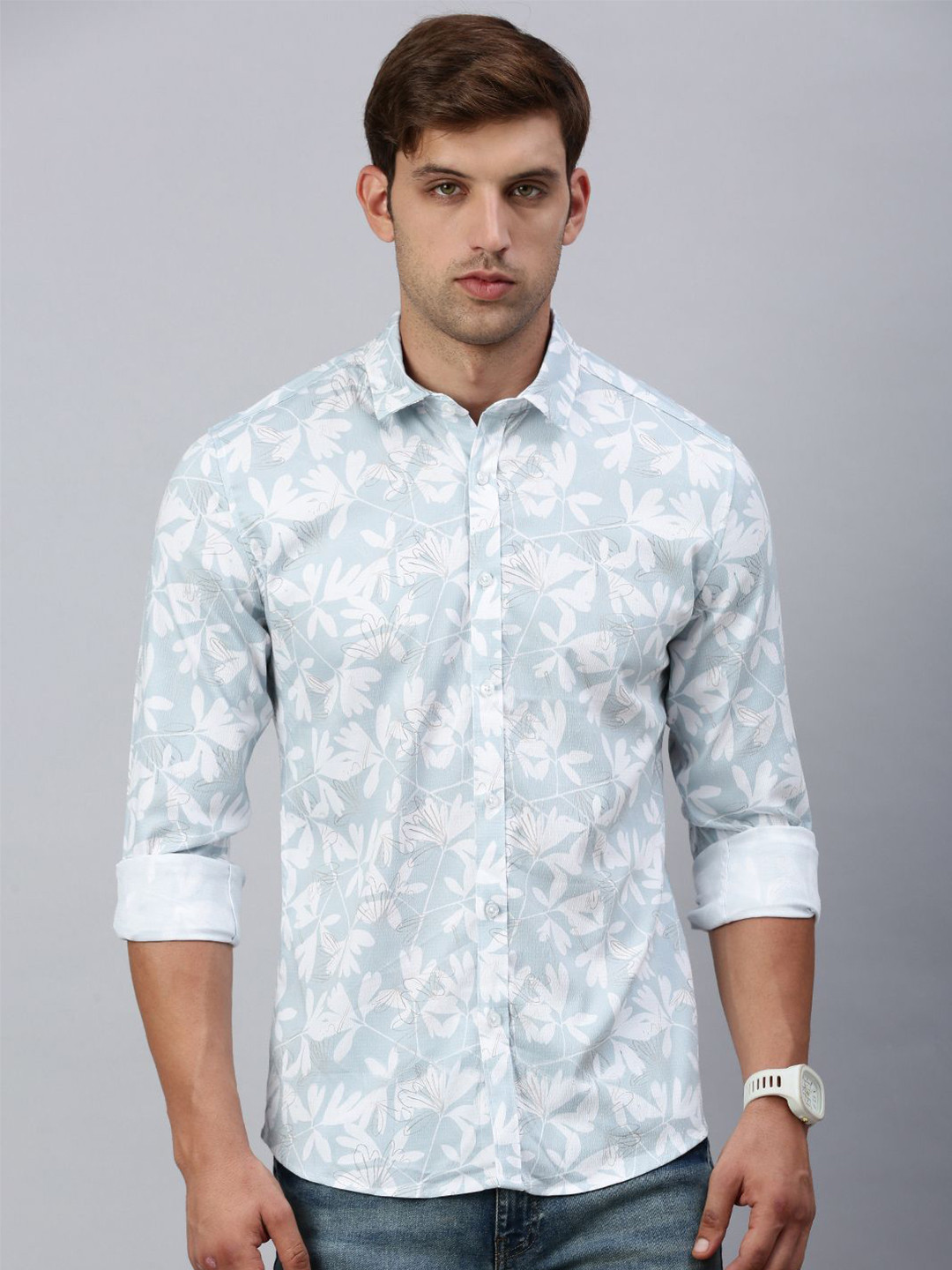 

Classic Polo Men India Slim Fit Spread Collar Floral Printed Cotton Casual Shirt, Sea green