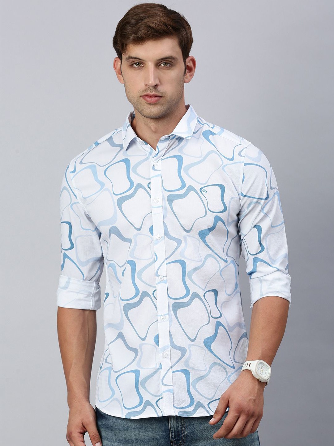 

Classic Polo Men India Slim Fit Spread Collar Geometric Printed Cotton Casual Shirt, White