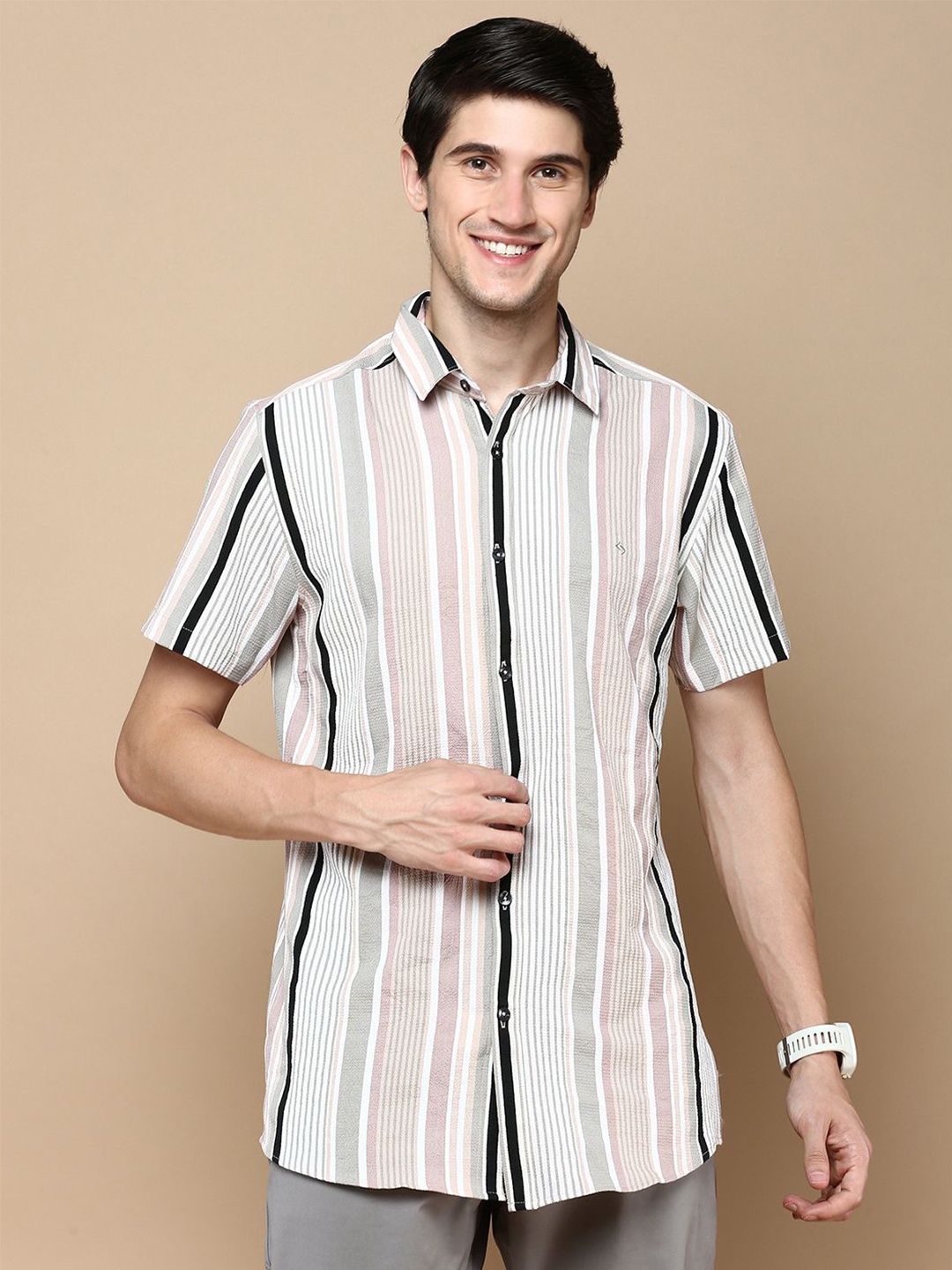 

Classic Polo Men India Slim Fit Spread Collar Vertical Striped Cotton Casual Shirt, Cream
