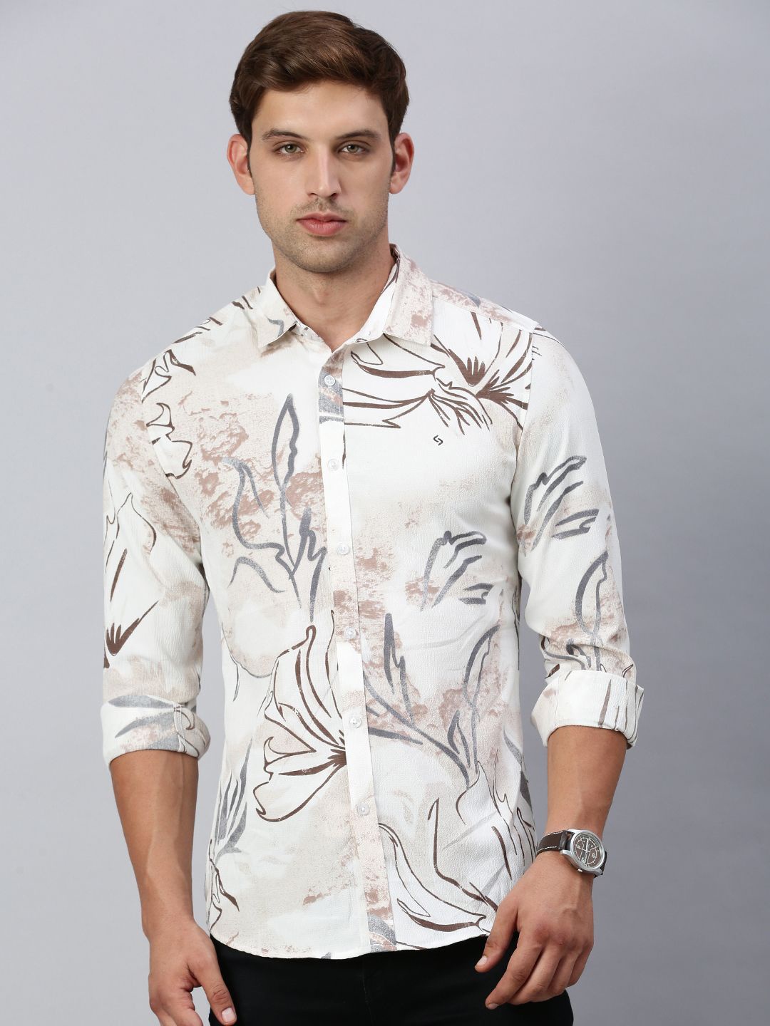 

Classic Polo Men India Slim Fit Spread Collar Floral Printed Cotton Casual Shirt, White