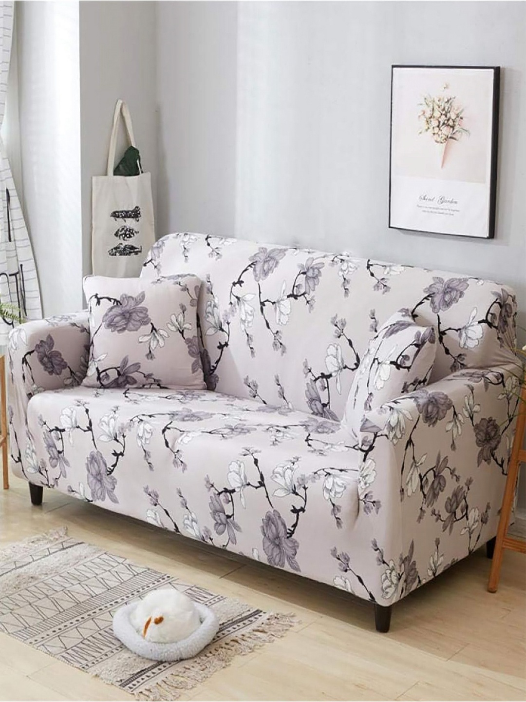 

HOUSE OF QUIRK Purple & Beige Floral Printed 2 Seater Sofa Cover With Arms