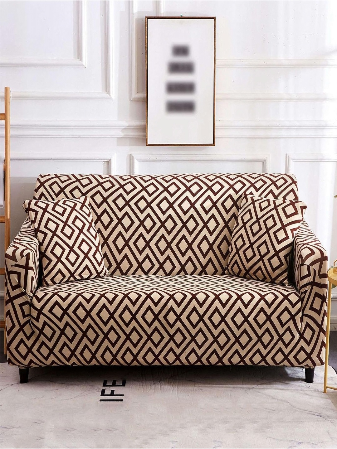 

HOUSE OF QUIRK Beige & Maroon Geometric Printed Two Seater Sofa Cover With Arms