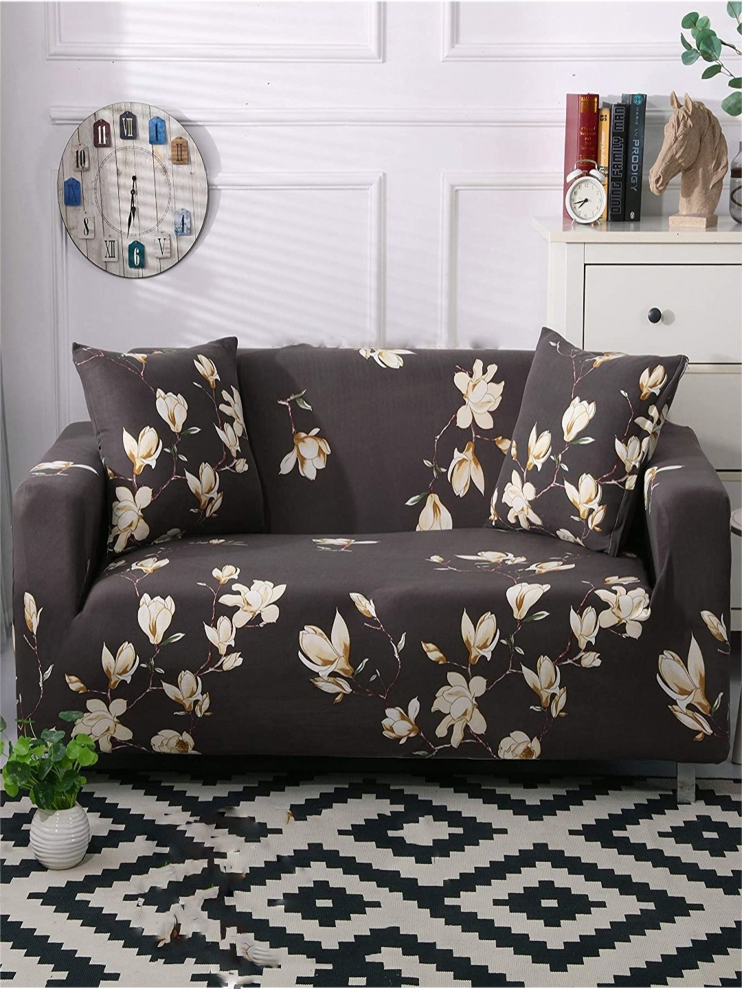 

HOUSE OF QUIRK Brown & Cream-Coloured Floral Printed Two Seater Sofa Cover With Arms