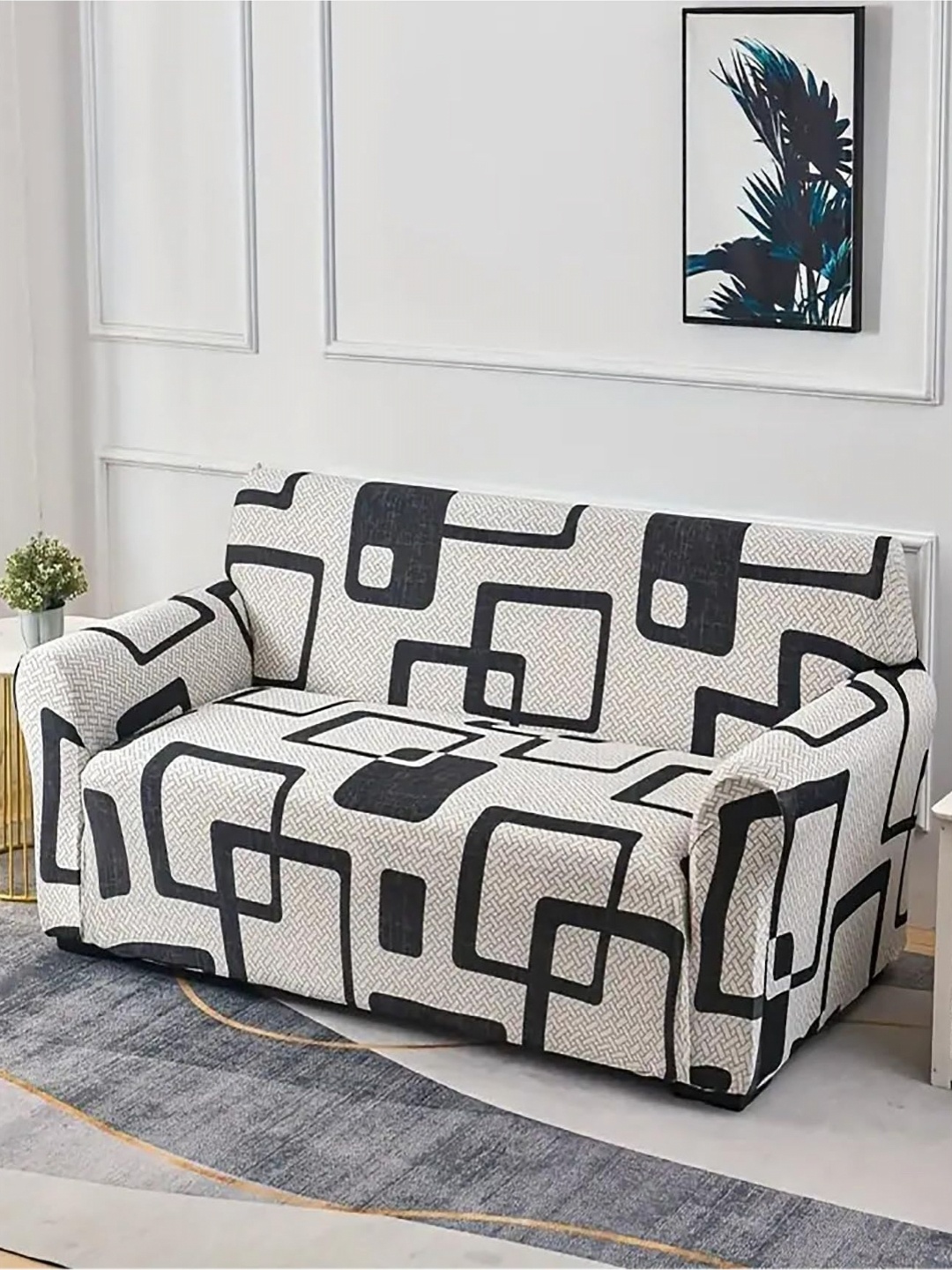 

HOUSE OF QUIRK White & Black Geometric Printed Two Seater Sofa Cover With Arms