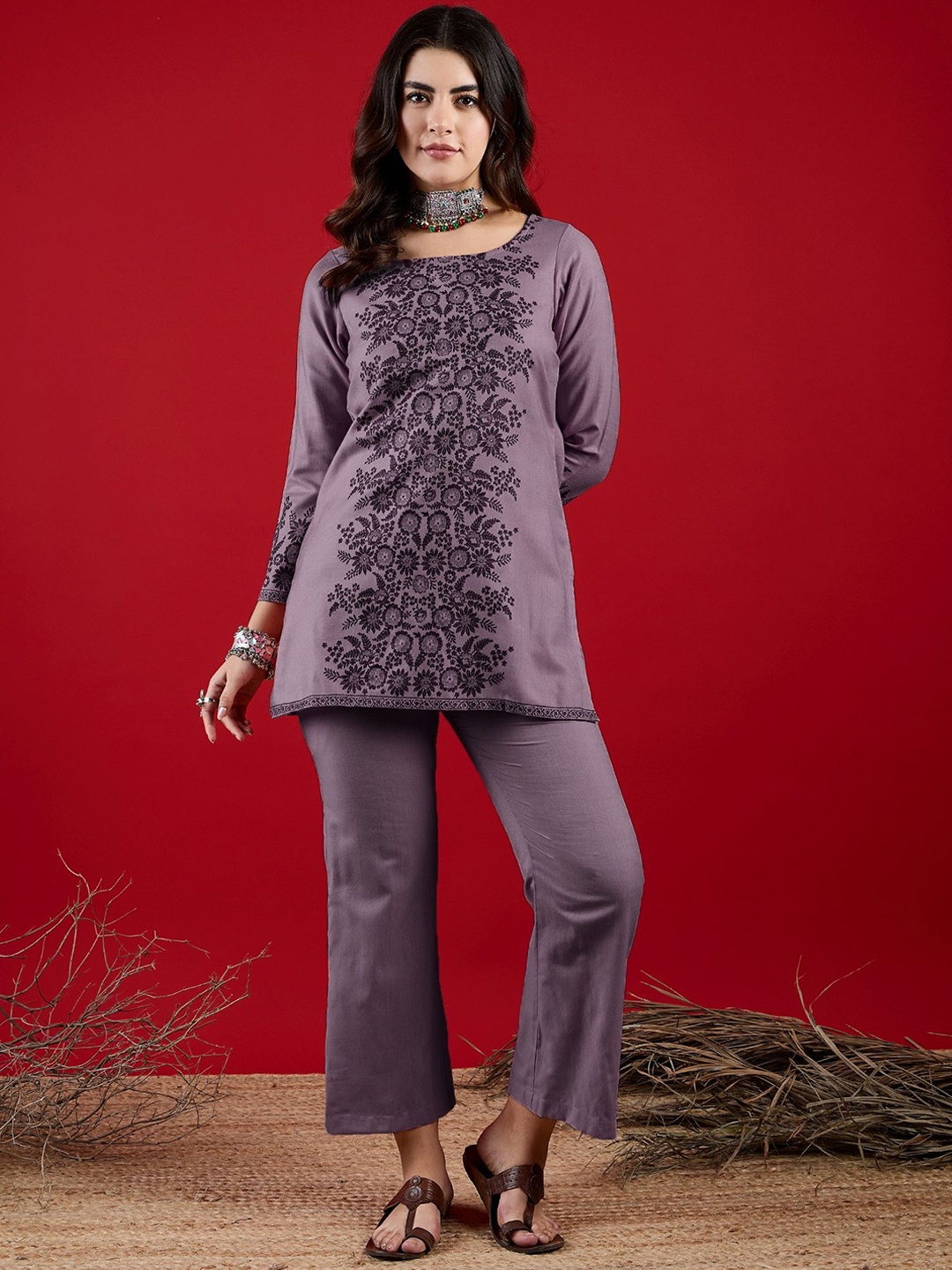 

SAHASIKA Self Design Tunic With Trousers Co-Ords, Purple