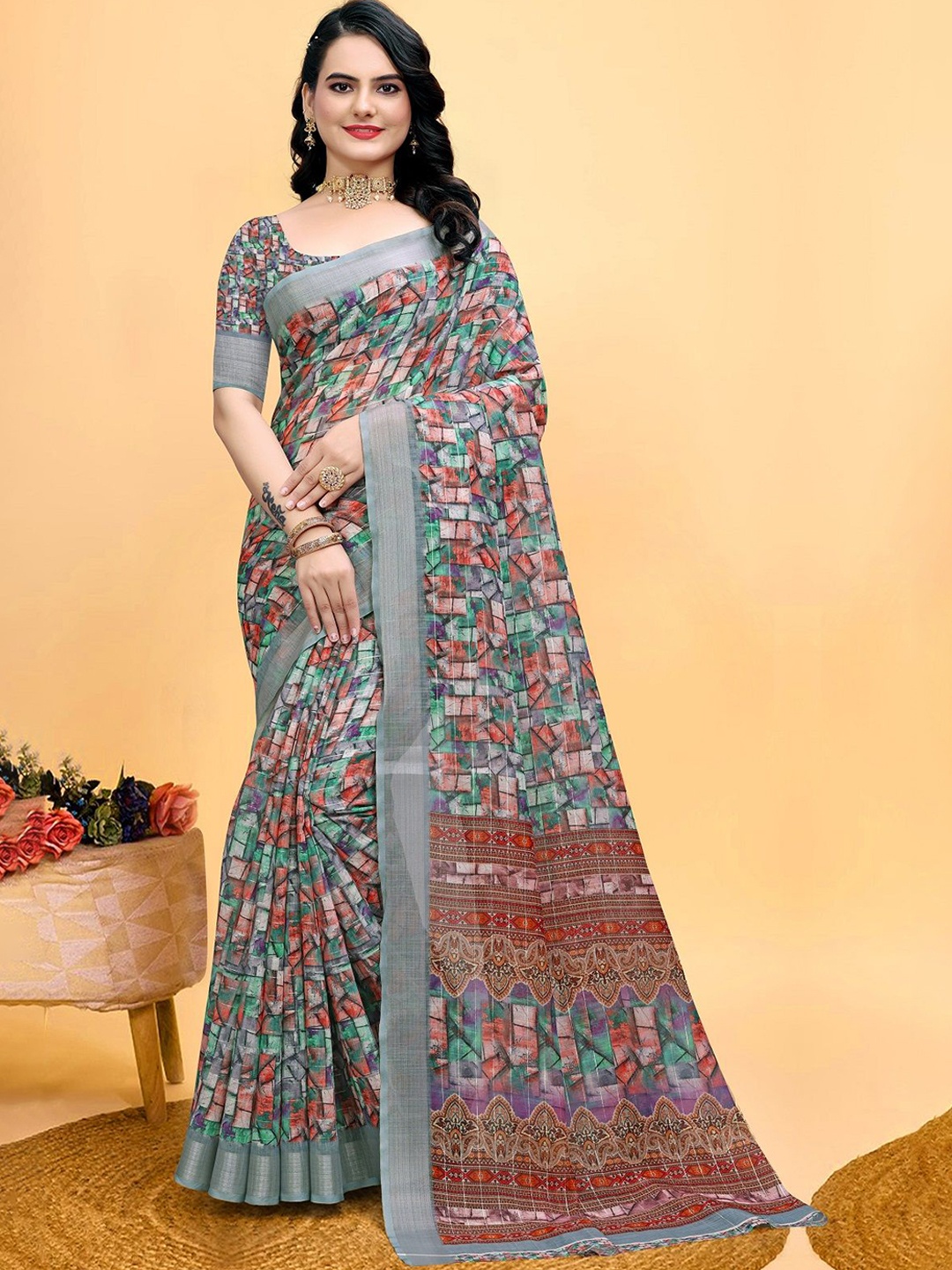 

LEOSAGI Floral Printed Zari Saree, Green
