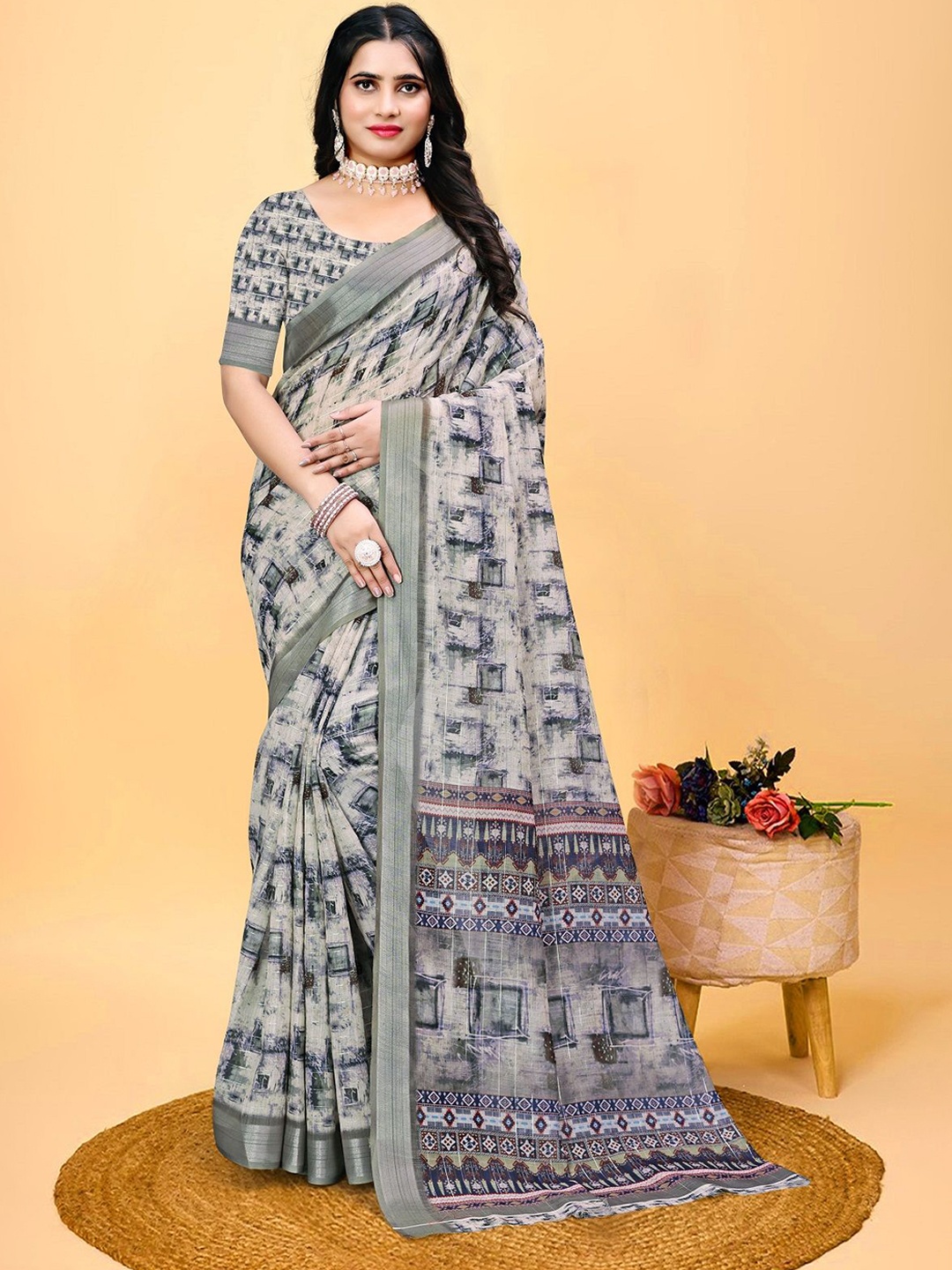 

LEOSAGI Printed Pure Cotton Zari Saree, Grey