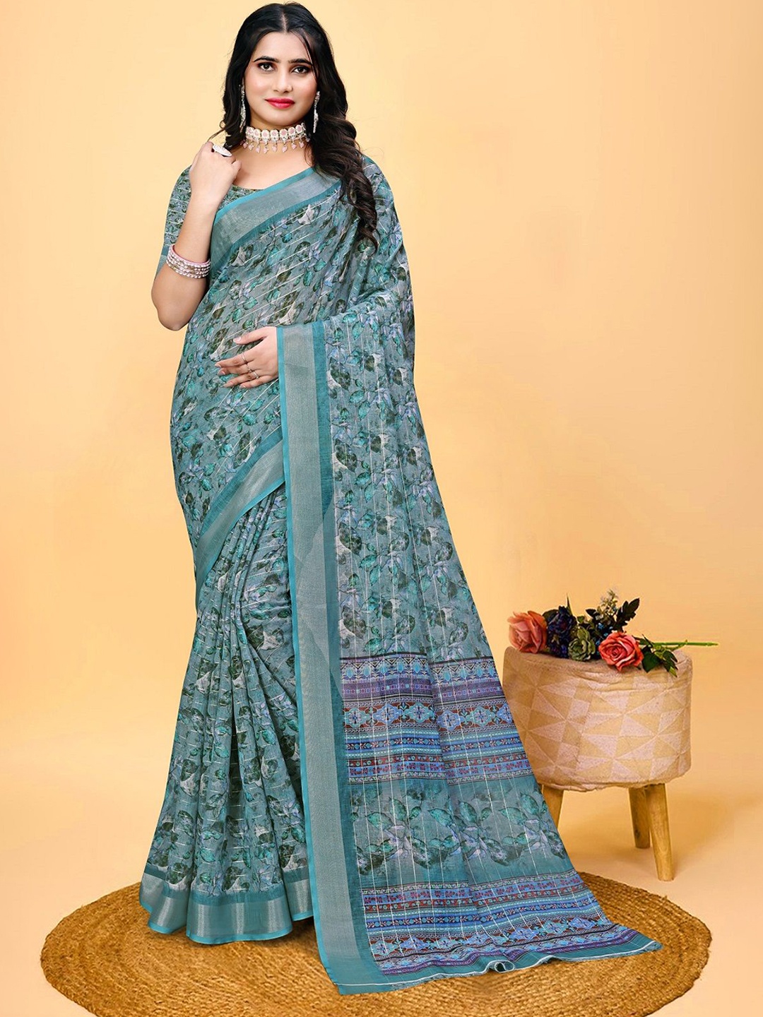 

LEOSAGI Women Floral Zari Saree With Blouse Piece, Teal