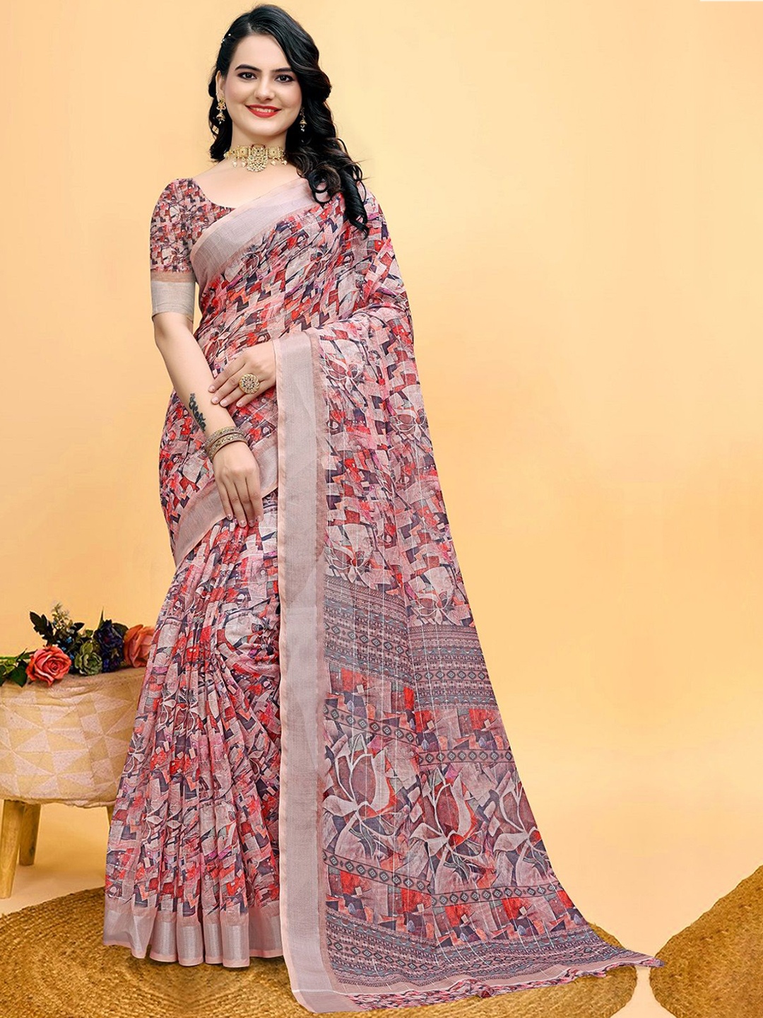 

LEOSAGI Floral Printed Zari Saree, Red