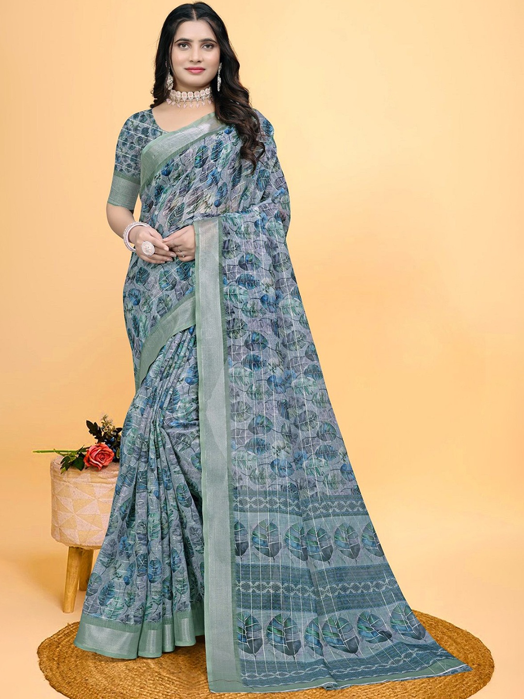 

LEOSAGI Floral Printed Zari Saree, Teal