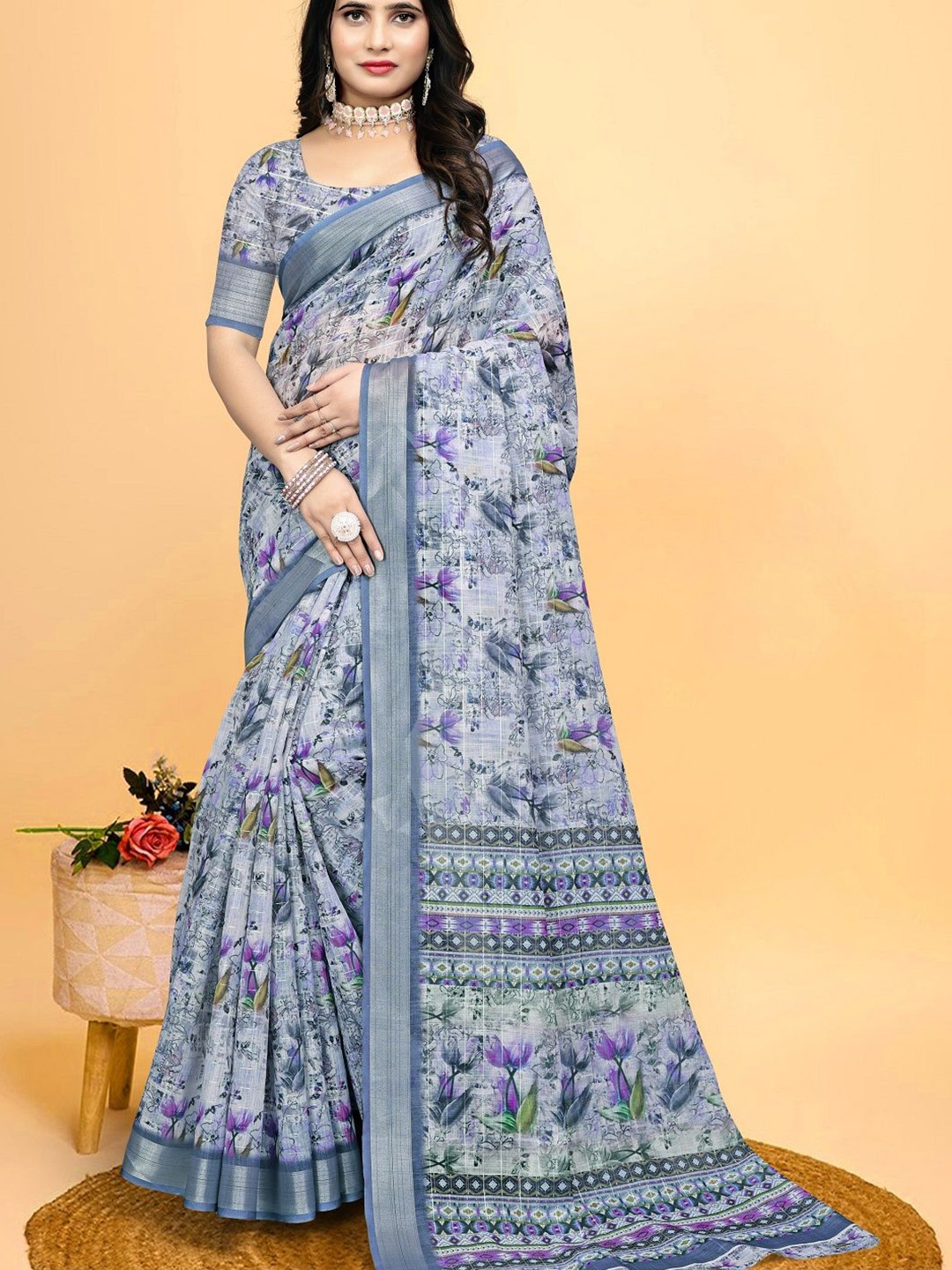 

LEOSAGI Women Floral Printed Saree With Blouse Piece, Purple