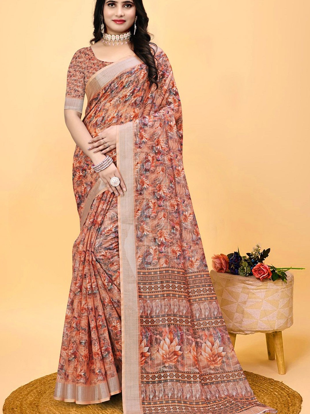 

LEOSAGI Floral Printed Zari Pure Cotton Saree, Orange