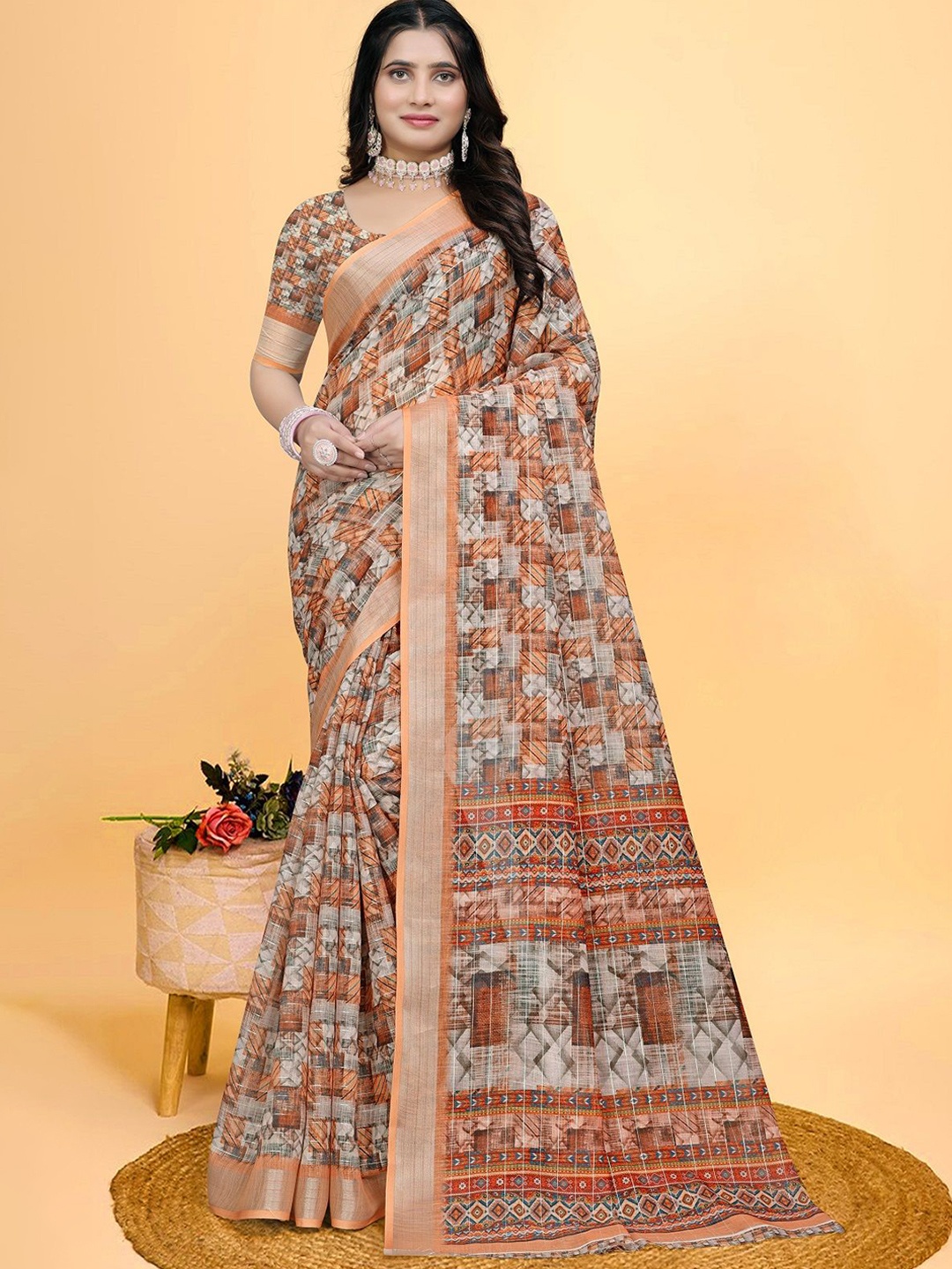 

LEOSAGI Women Printed Zari Saree, Orange