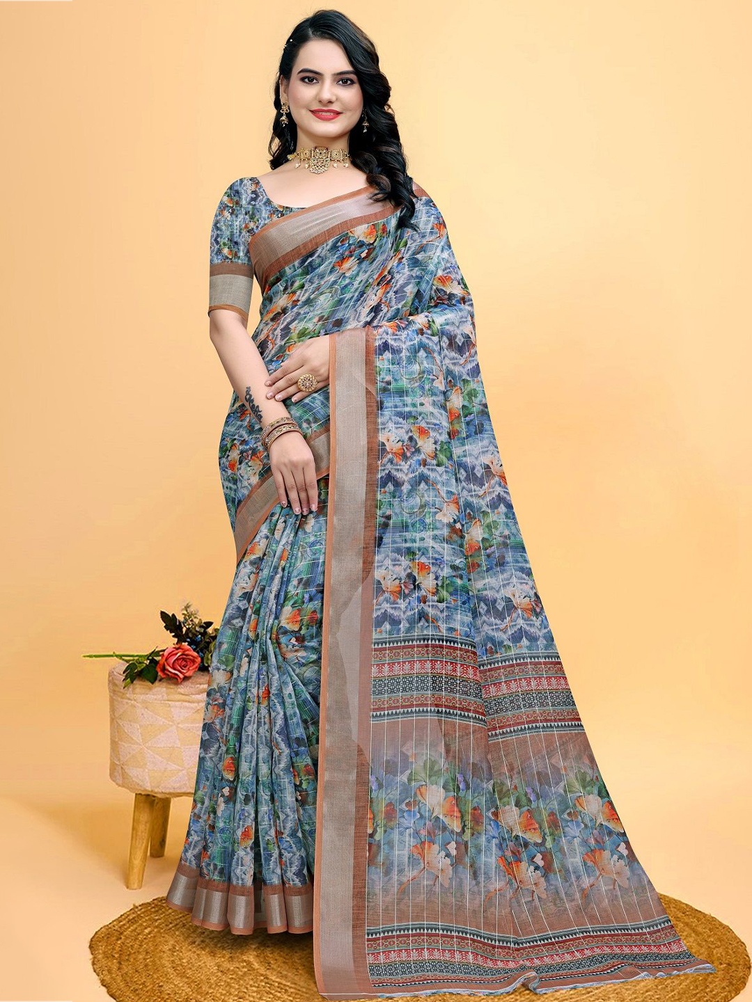 

LEOSAGI Floral Printed Zari Saree, Blue