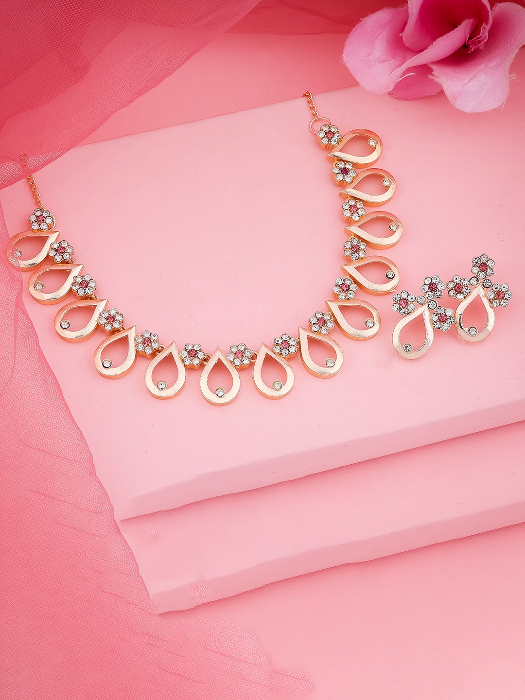 

TONOLIKA Rose Gold-Plated Artificial Stone-Studded Jewellery Set