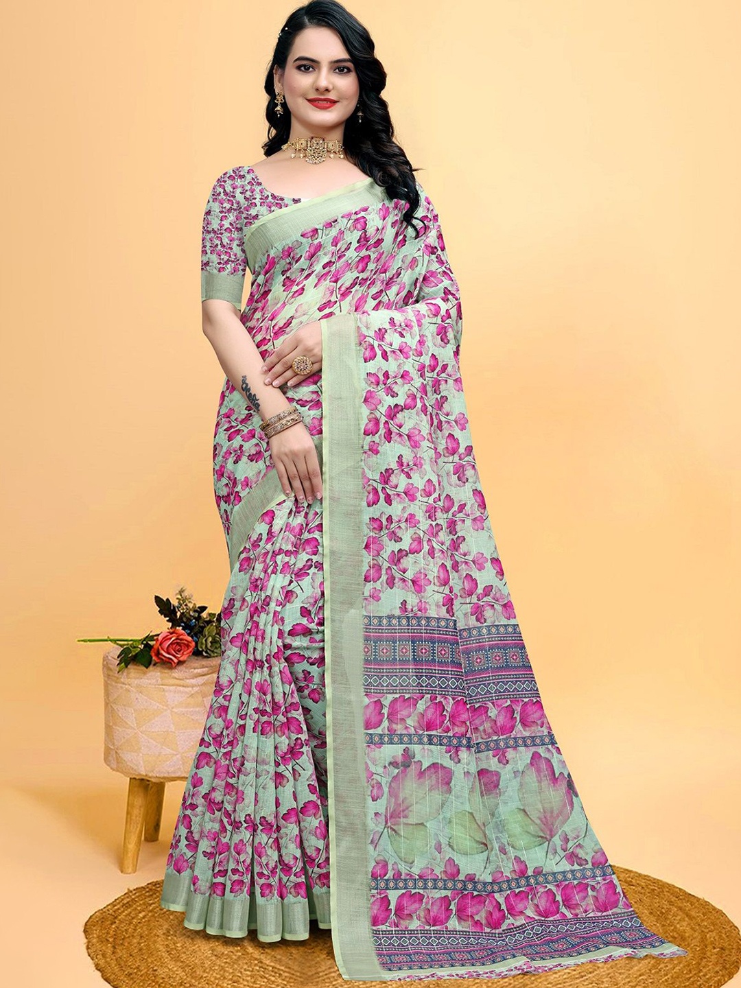 

LEOSAGI Floral Printed Pure Cotton Zari Saree, Pink