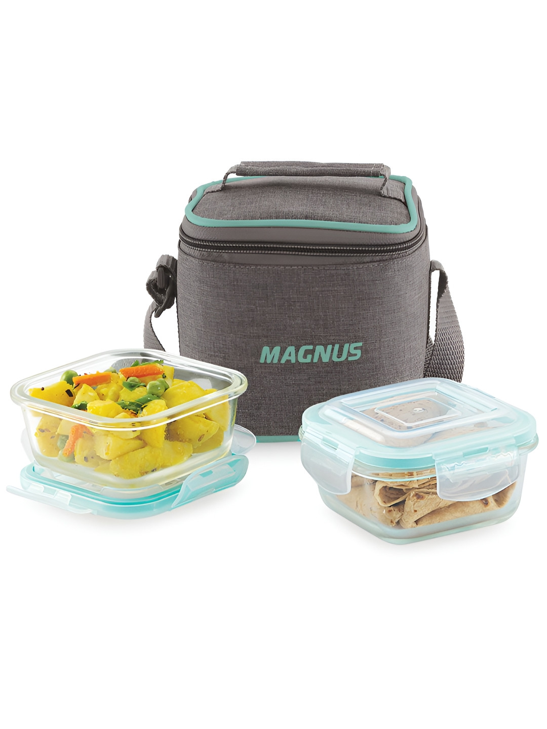 

Magnus Vivid Linen 640ml Glass Lunch Box with 2 Square Borosilicate Containers & Bag, Transparent