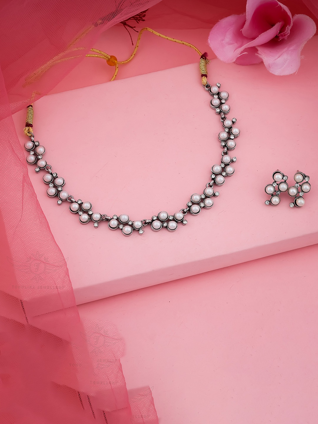 

TONOLIKA Silver-Plated Stone-Studded & Beaded Jewellery Set