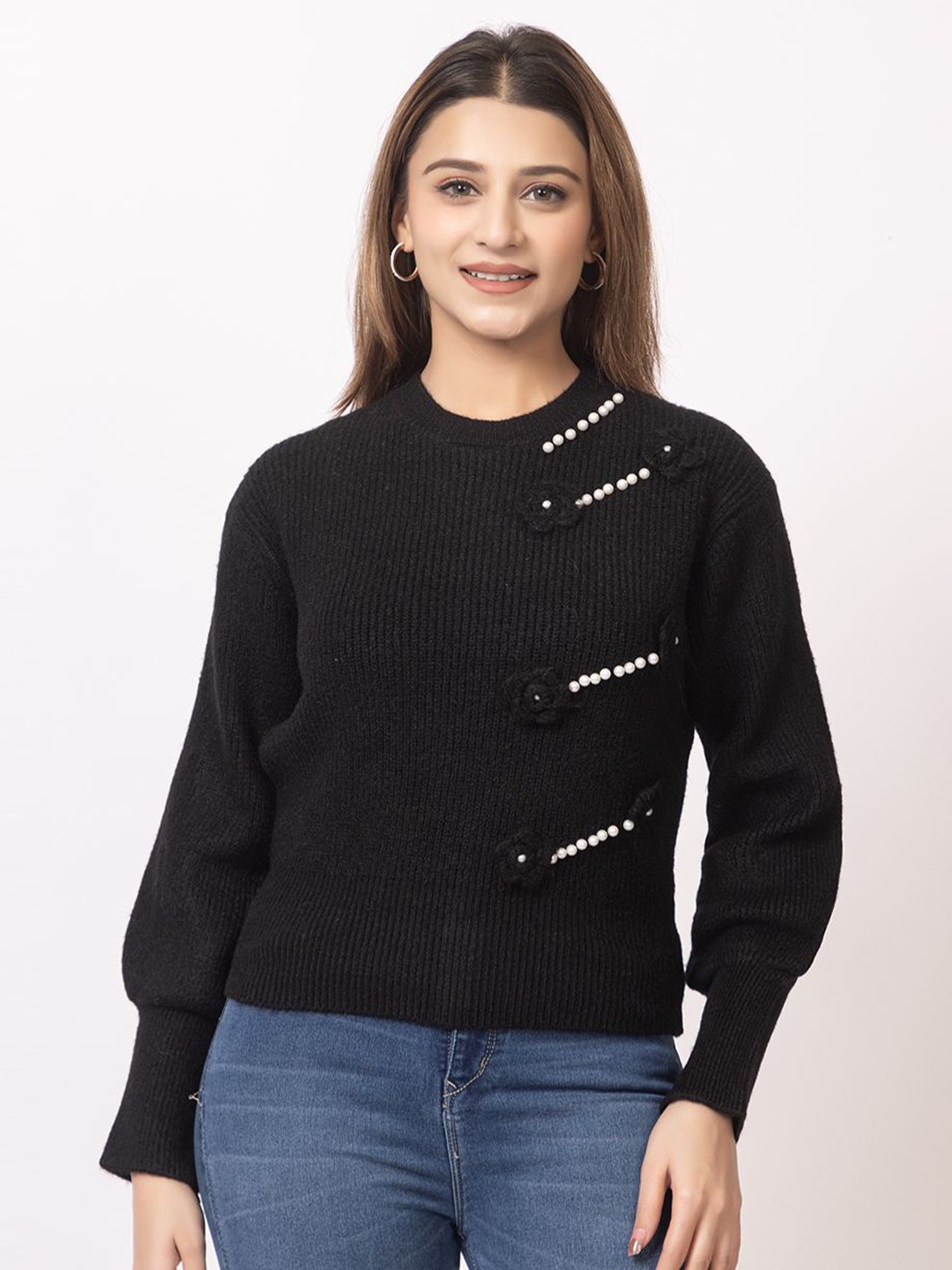 

GFO Women Woollen Ribbed Pullover Sweater With Embellished, Black