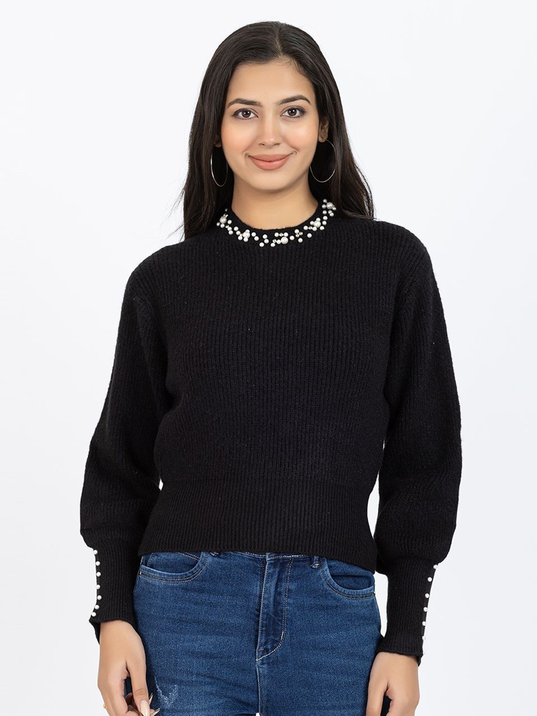 

GFO Women Woollen Sweater Vest with Embellished Detail, Black