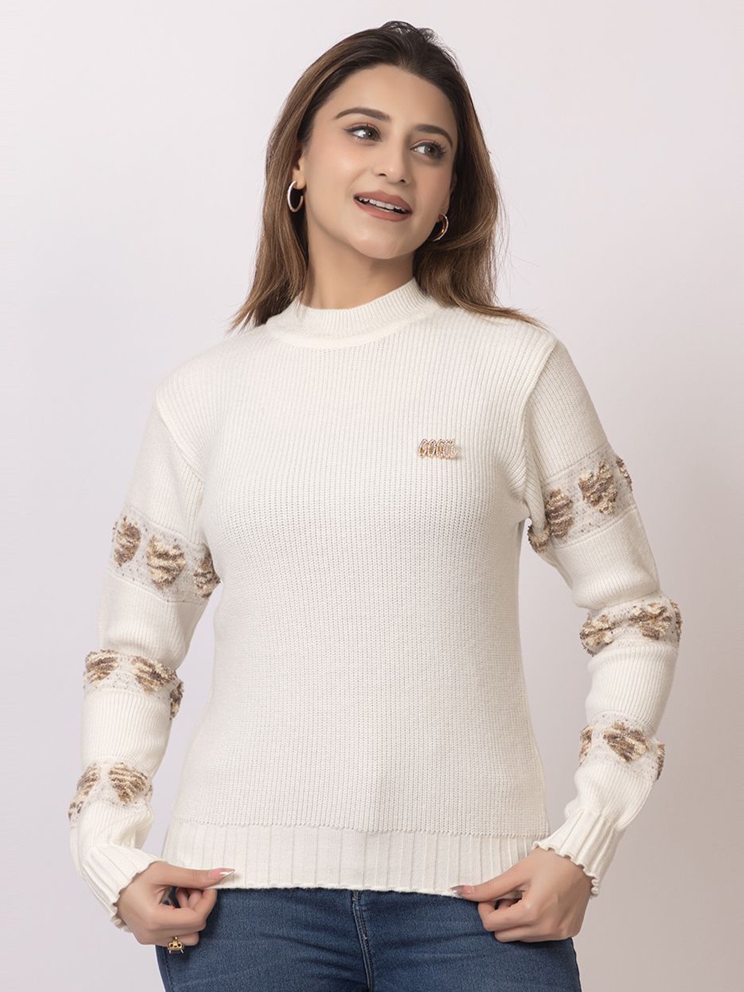

GFO Women Woollen Self Design Sweater, White